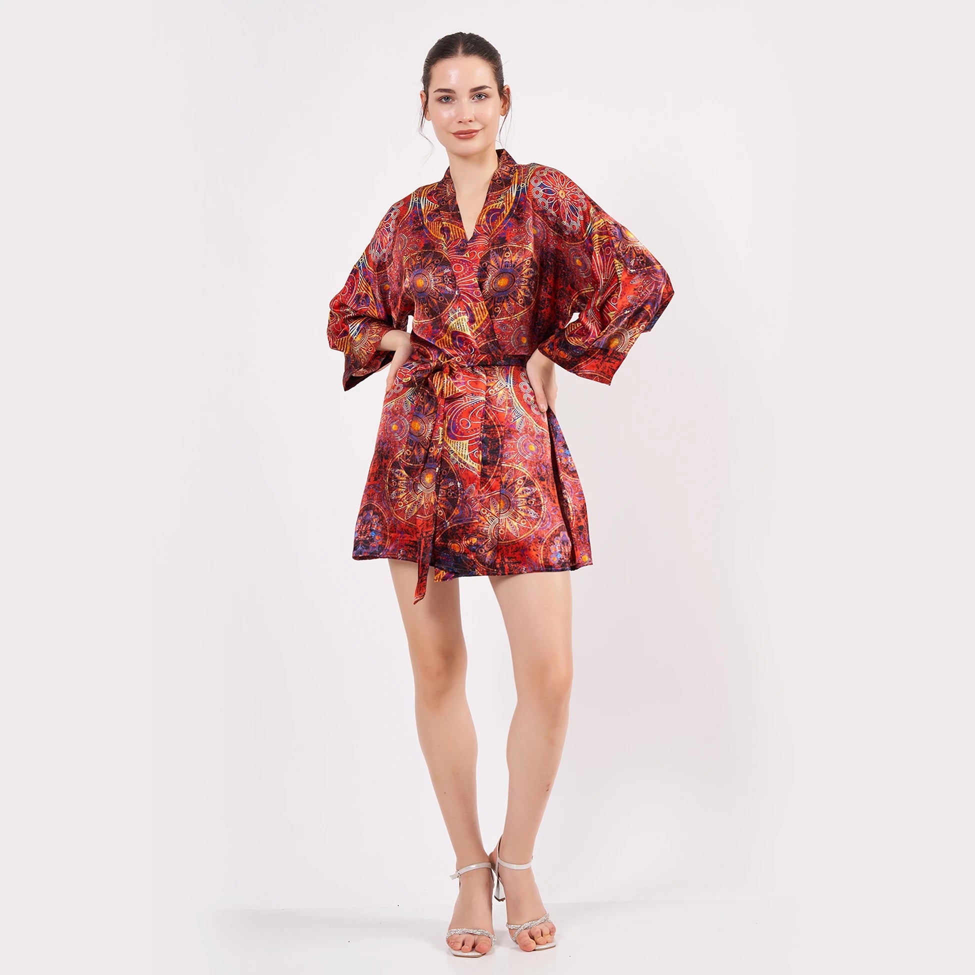 Saf İpek Kısa Kimono Kaftan | Mandala Desen Kırmızı | Nomads Felt