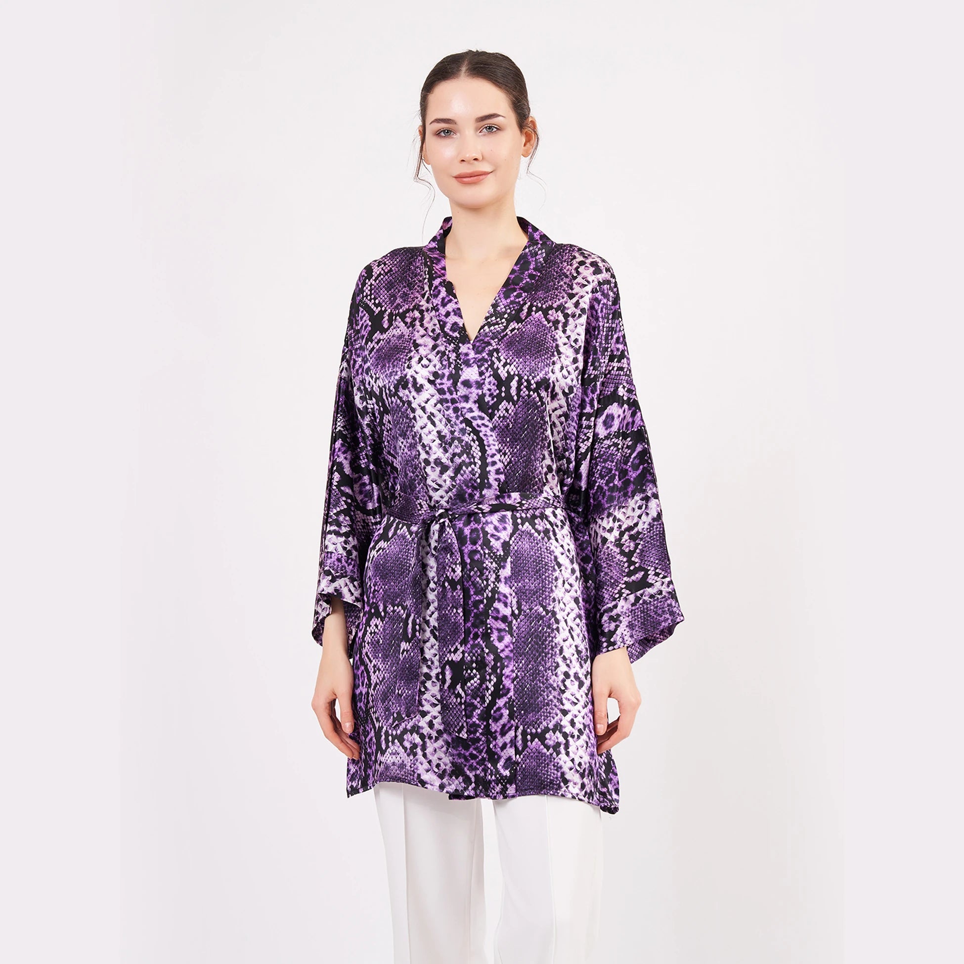 Saf İpek Kısa Kimono Kaftan | Yılan Derisi Desen Mor | Nomads Felt