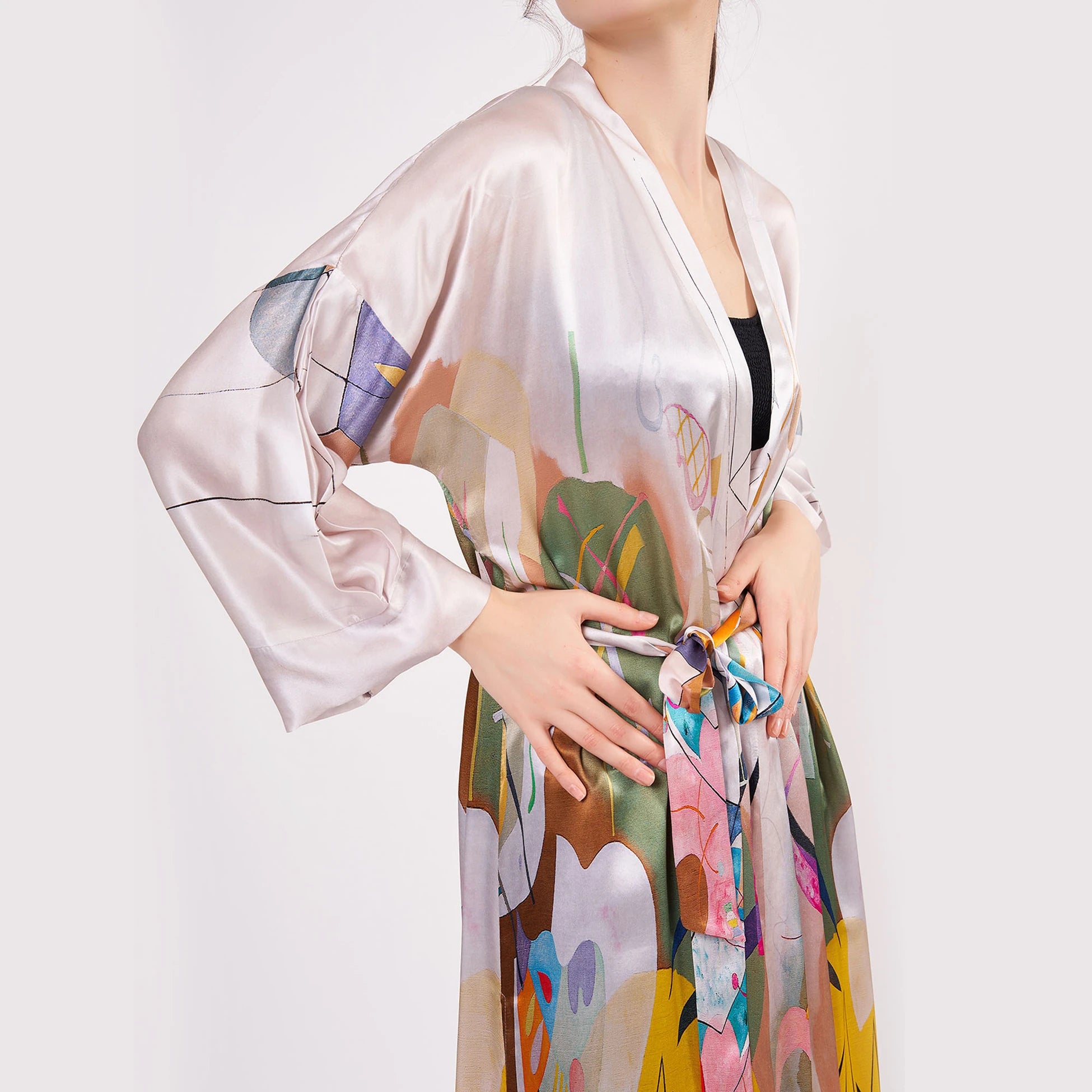 %100 İpek Uzun Kimono Kaftan | Kandinsky Dominant Curve | Nomads Felt