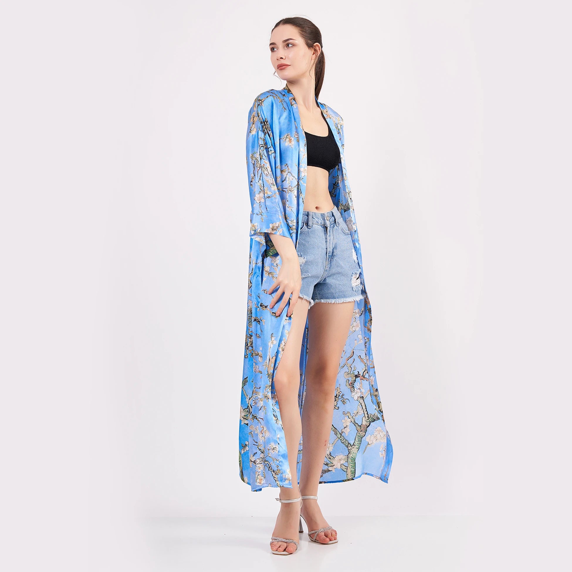 %100 İpek Kimono Kaftan | Mavi | Van Gogh Badem Ağacı | Nomads Felt
