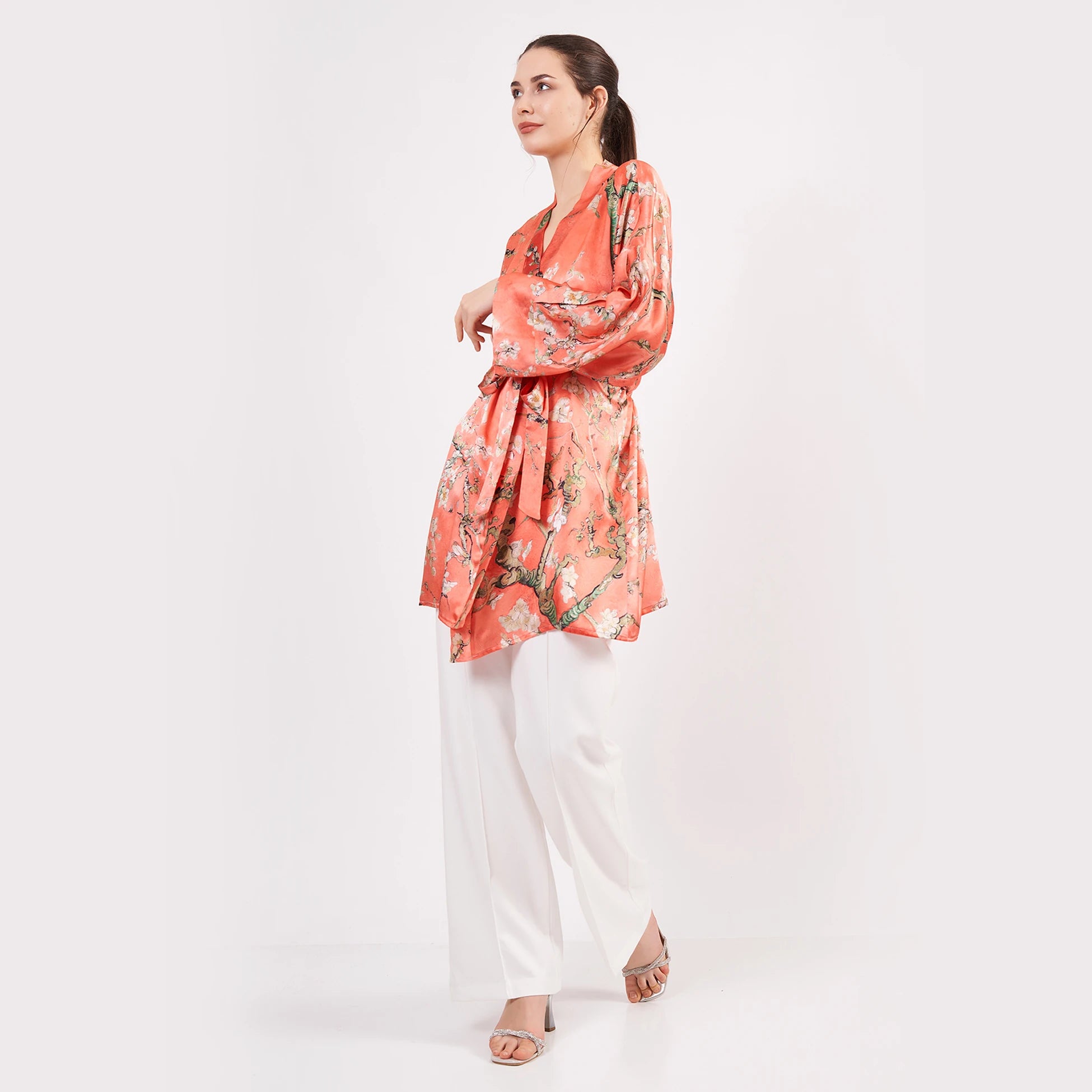 Saf İpek Kısa Kimono Kaftan | Van Gogh Badem Ağacı Nar Çiçeği | Nomads Felt