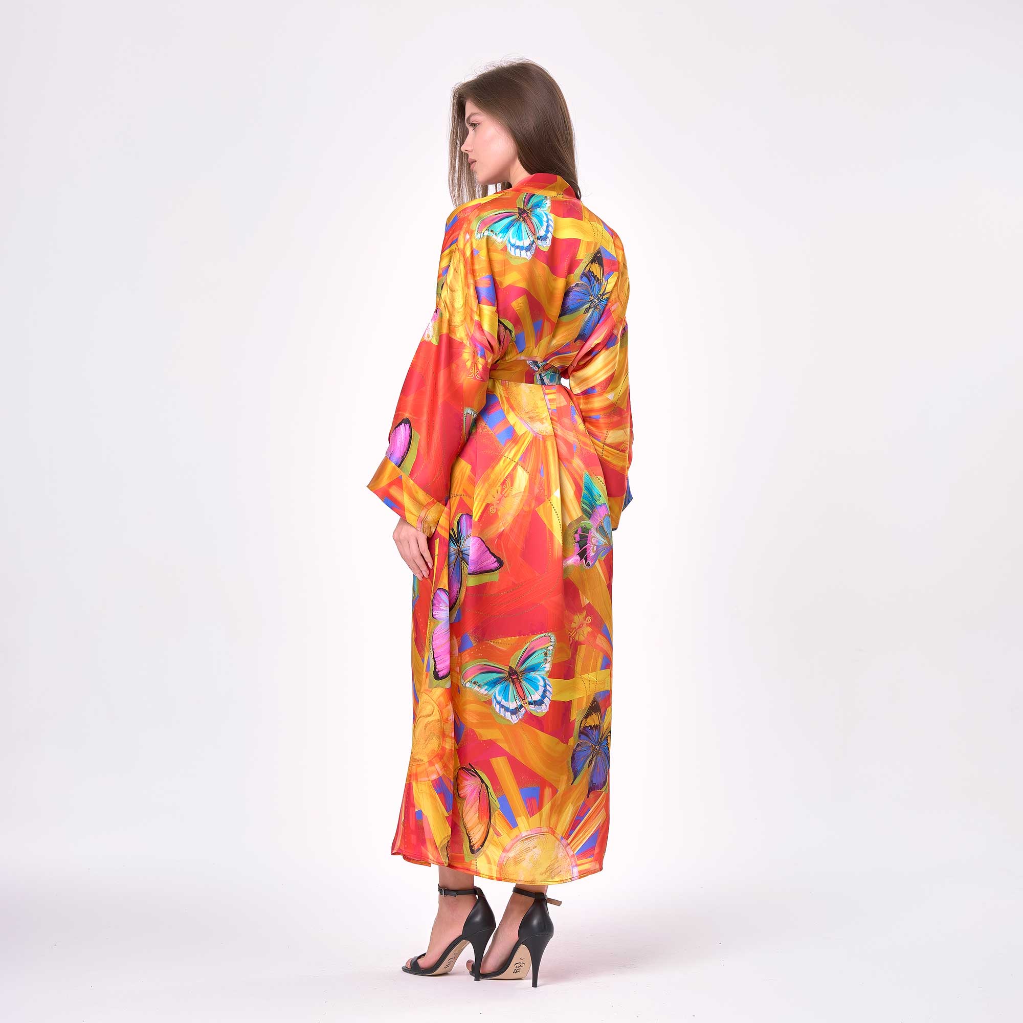 Kelebek Desenli %100 İpek Kimono Kaftan
