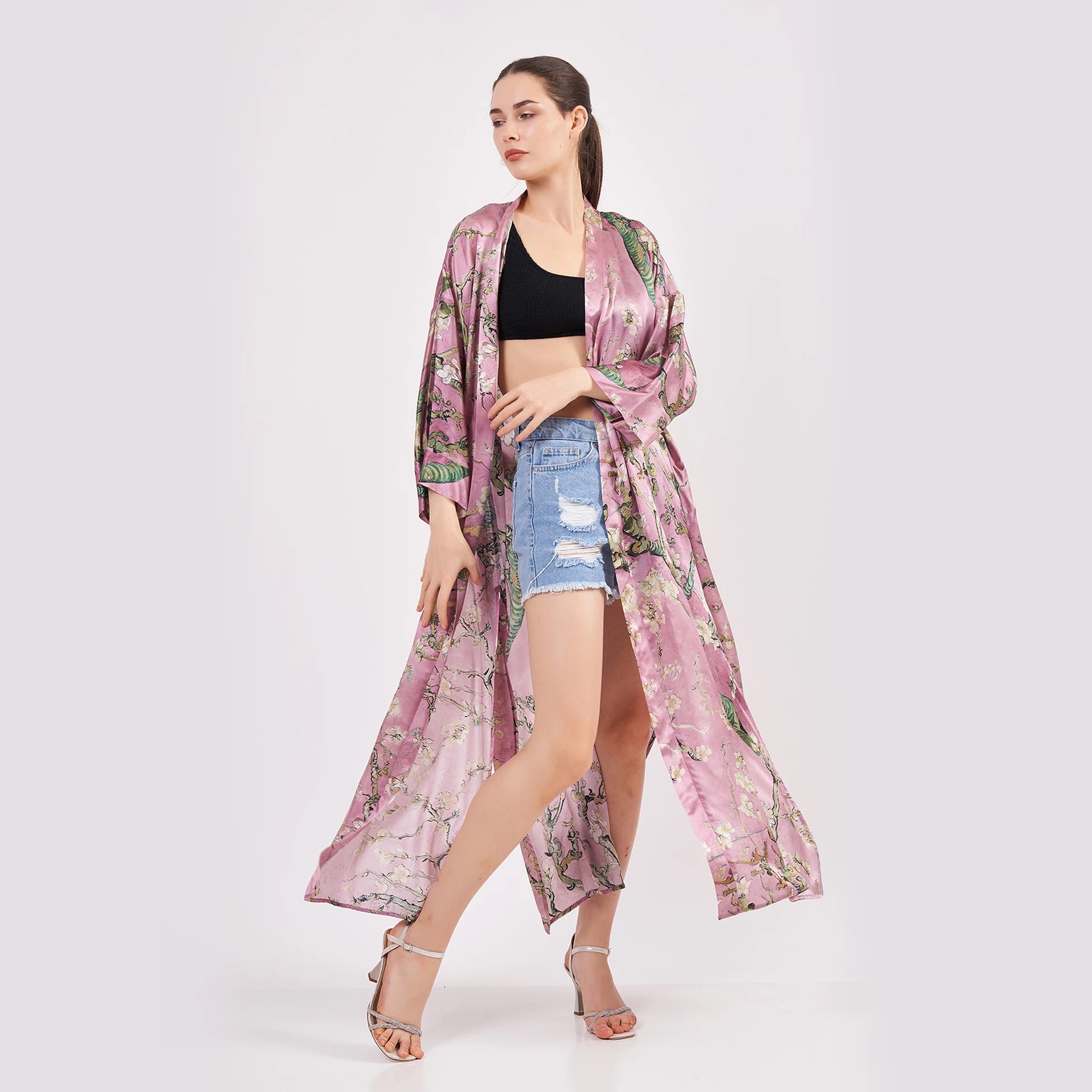 100% İpek Uzun Kimono Kaftan | Pembe | Van Gogh Badem Ağacı | Nomads Felt