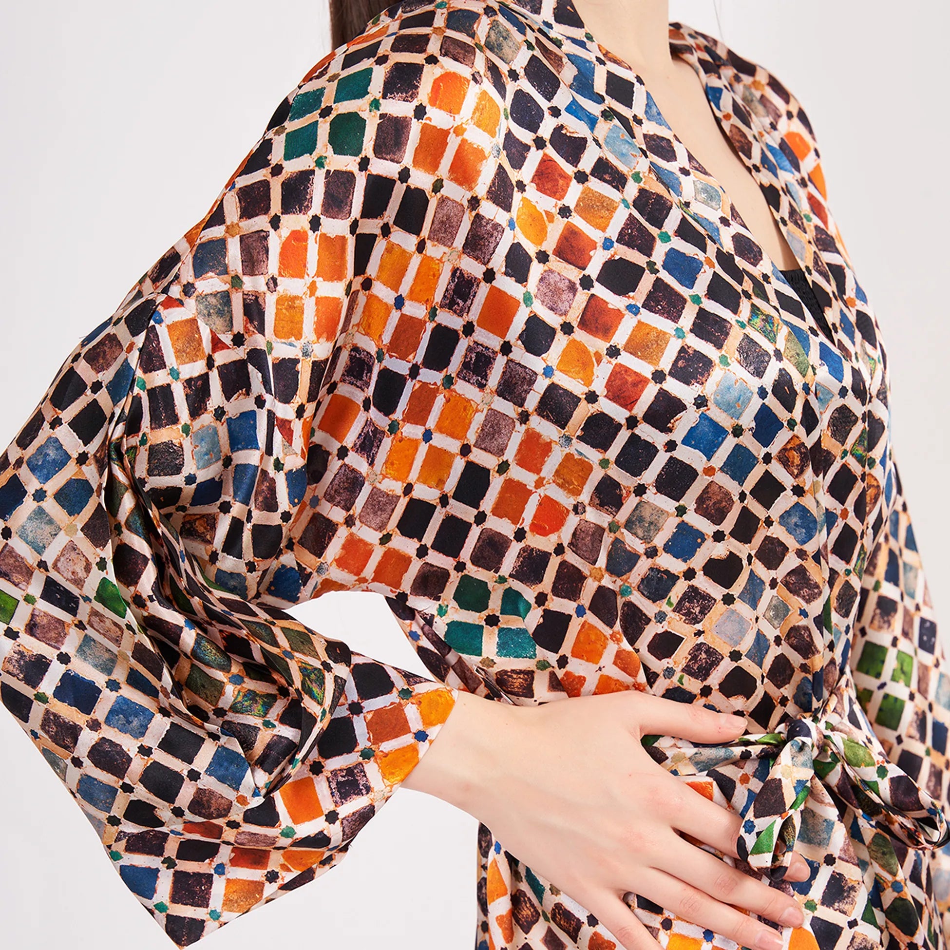 Saf İpek Kısa Kimono Kaftan | Elhamra Desen | Nomads Felt