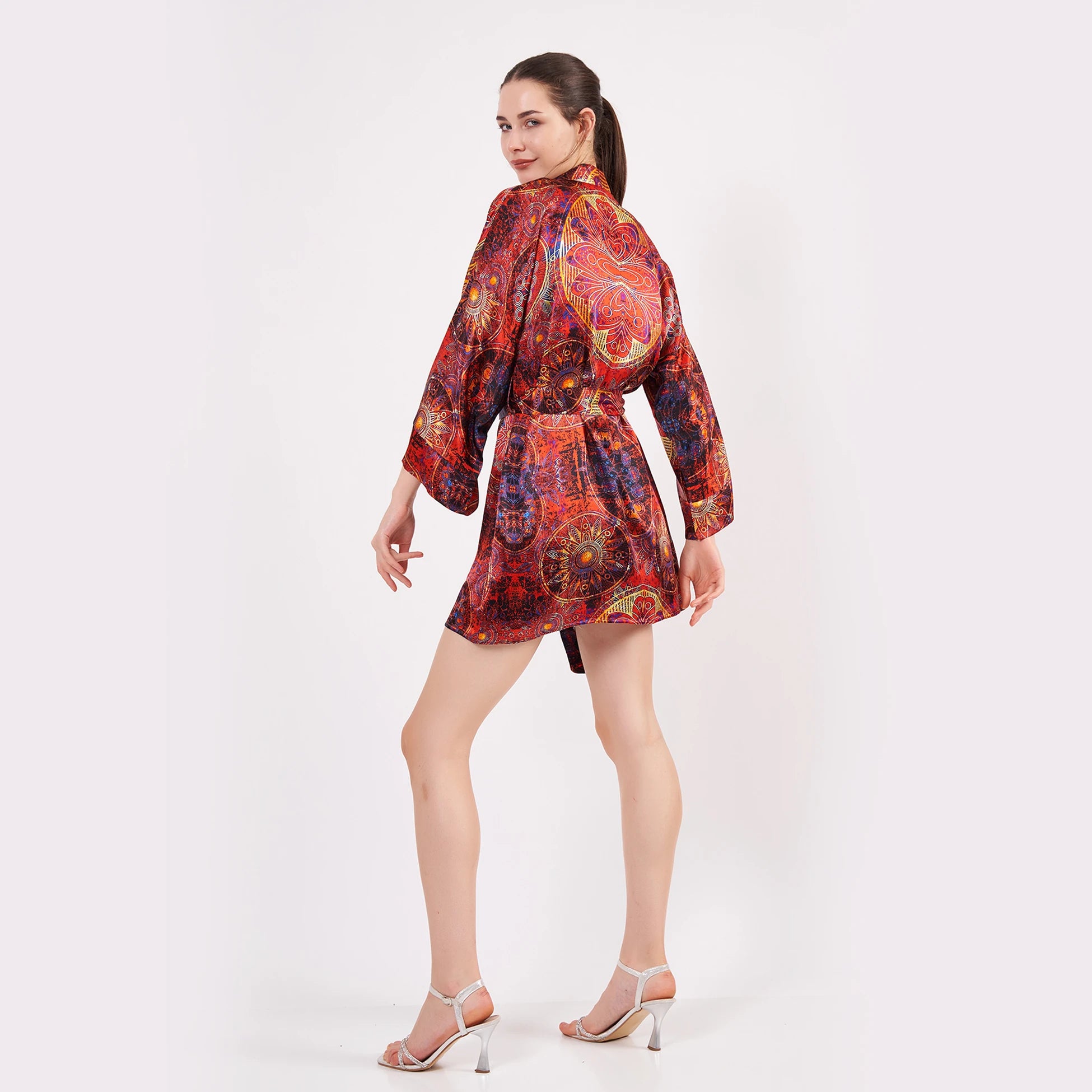 Saf İpek Kısa Kimono Kaftan | Mandala Desen Kırmızı | Nomads Felt