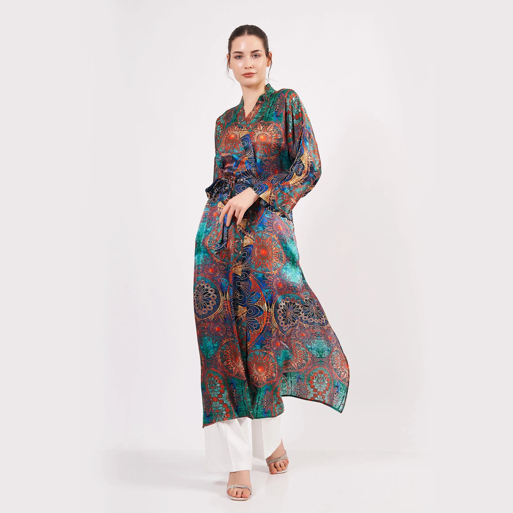 Saf İpek Uzun Kimono Kaftan | Yeşil Mandala Desen 4 | Nomads Felt