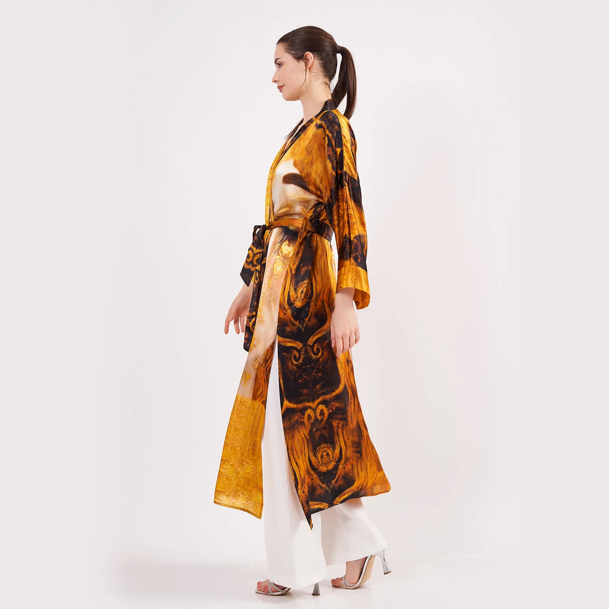 Saf İpek Uzun Kimono Kaftan | Freya's Tears - Altın Gözyaşları | Nomads Felt