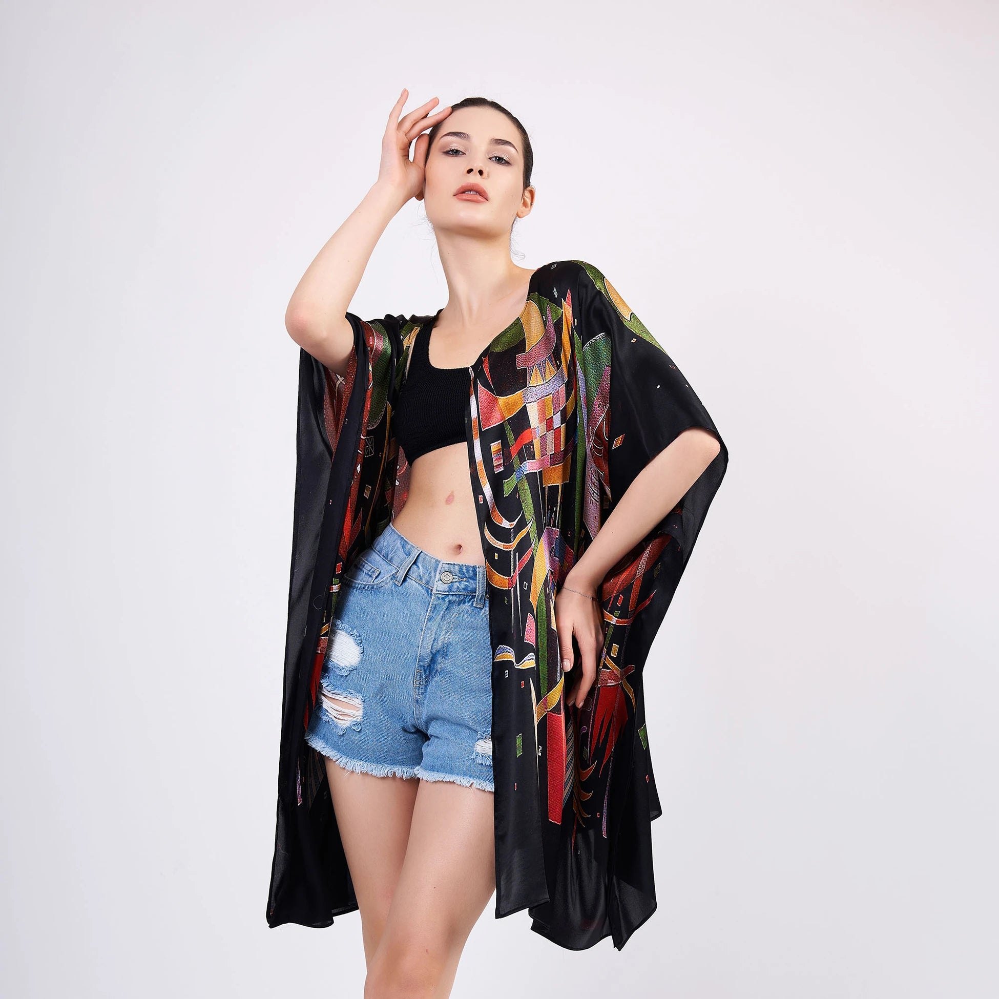 %100 İpek Kısa Kimono Pareo | Kandinsky Composition X | Nomads Felt