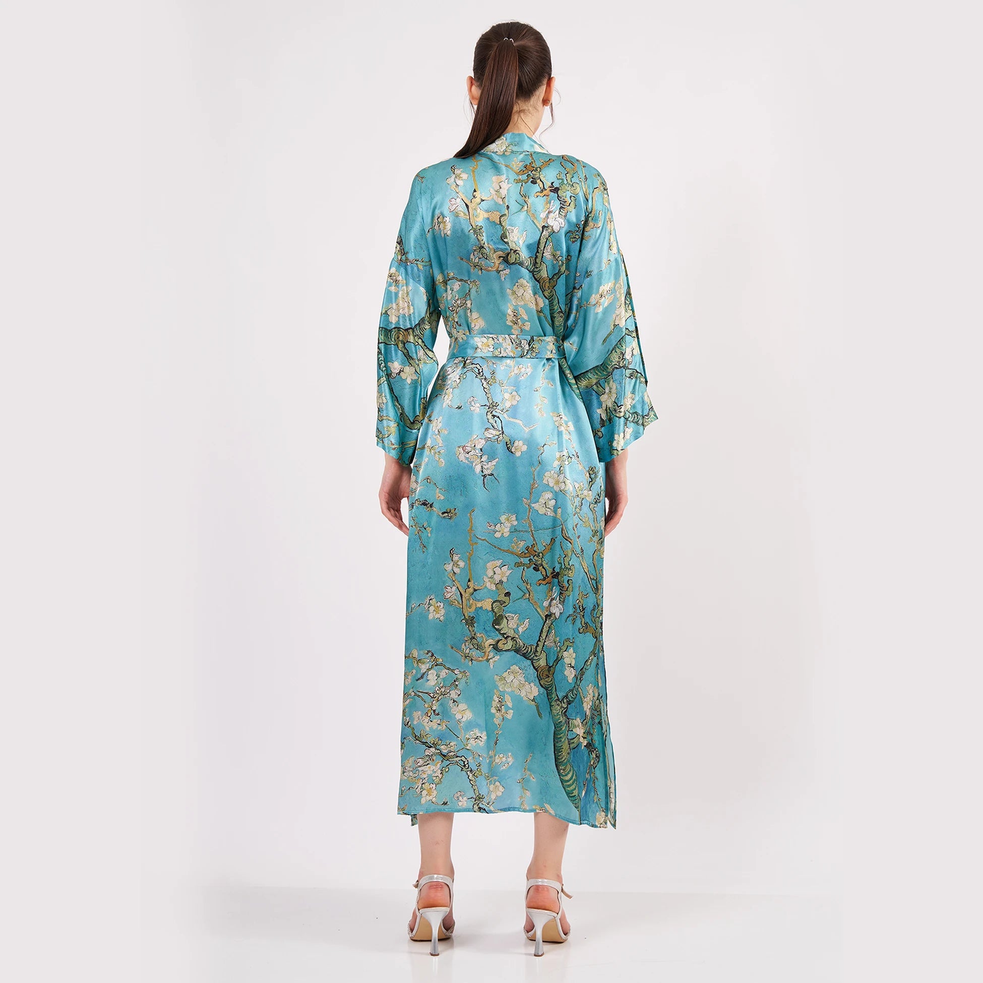%100 İpek Uzun Kimono Kaftan | Turkuaz | Van Gogh Badem Ağacı | Nomads Felt