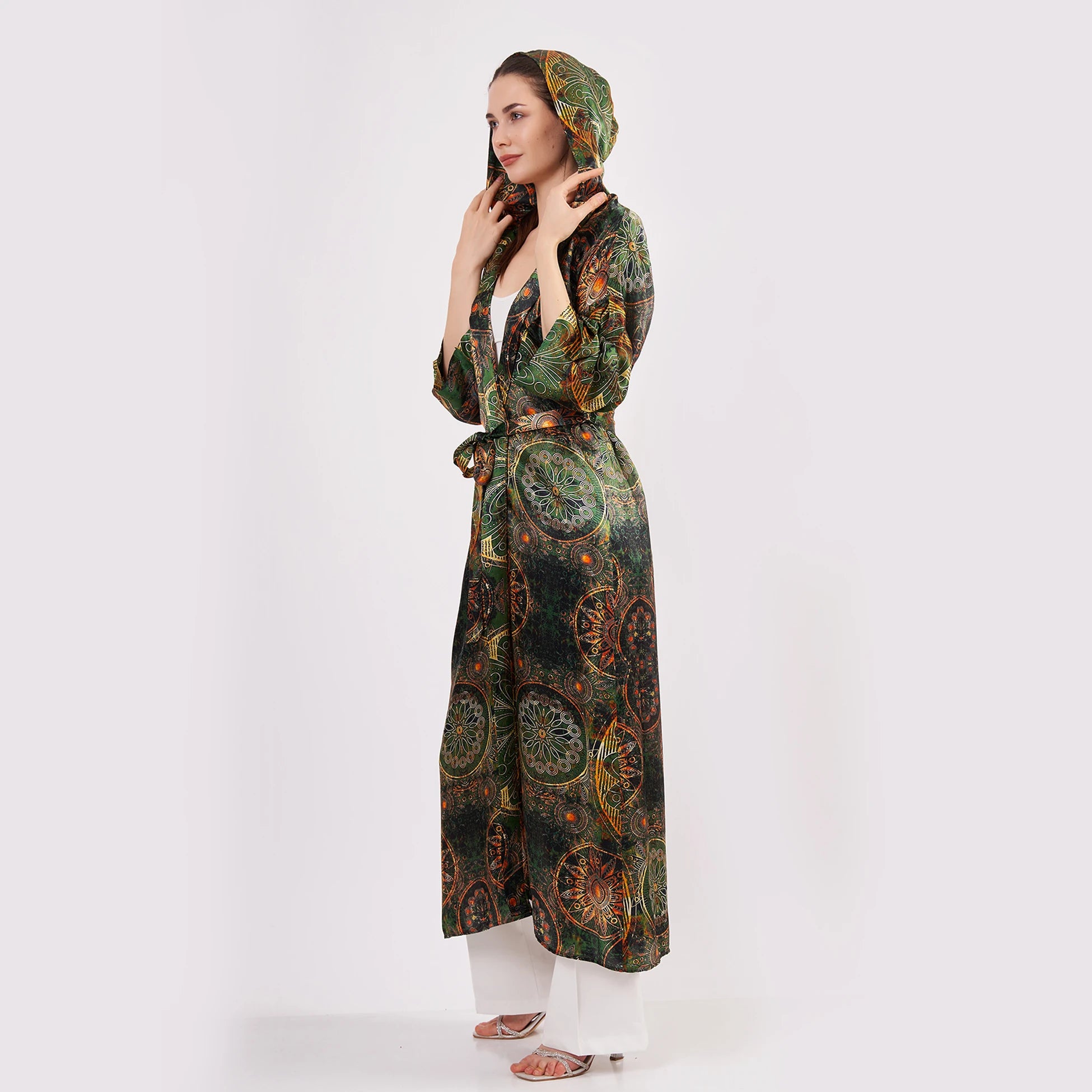 Saf İpek Kapüşonlu Kimono Kaftan | Mandala Desen Haki | Nomads Felt