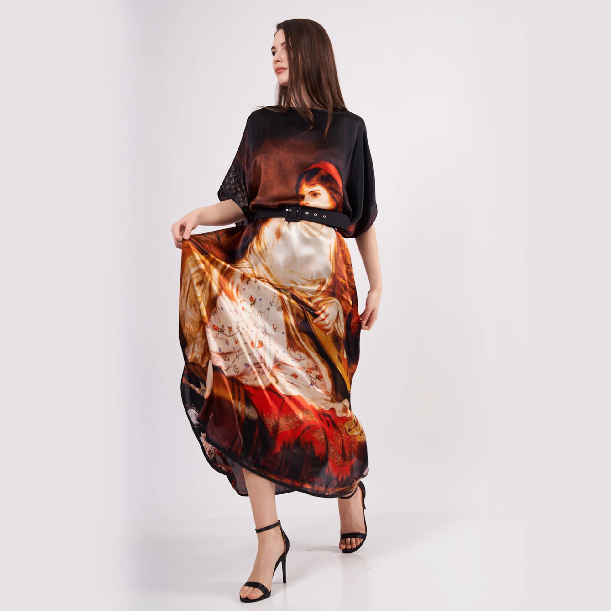 %100 İpek Uzun Elbise | Siyah Harem Desen | Nomads Felt