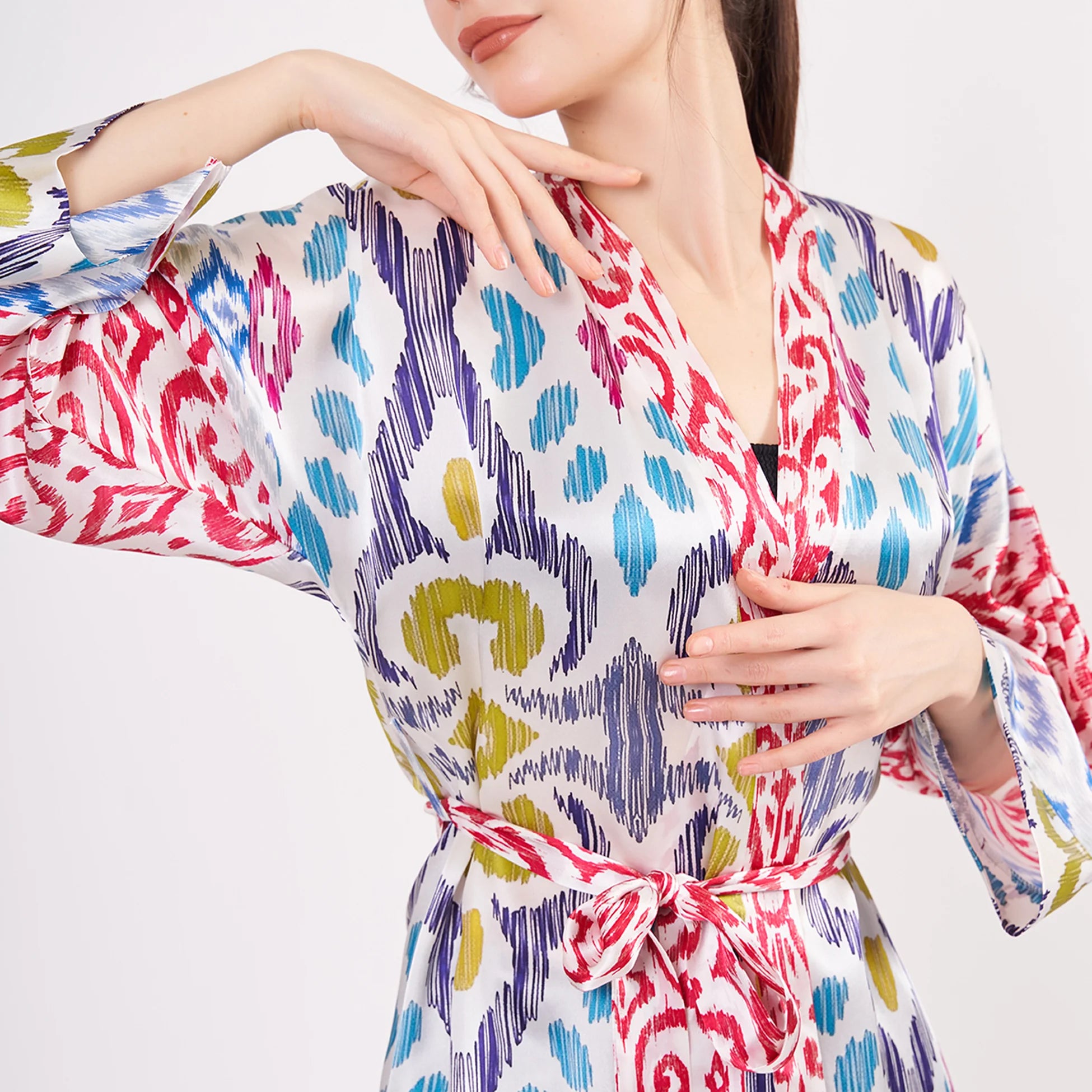 Saf İpek Kısa Kimono Kaftan | Ikat Desen 2 | Nomads Felt