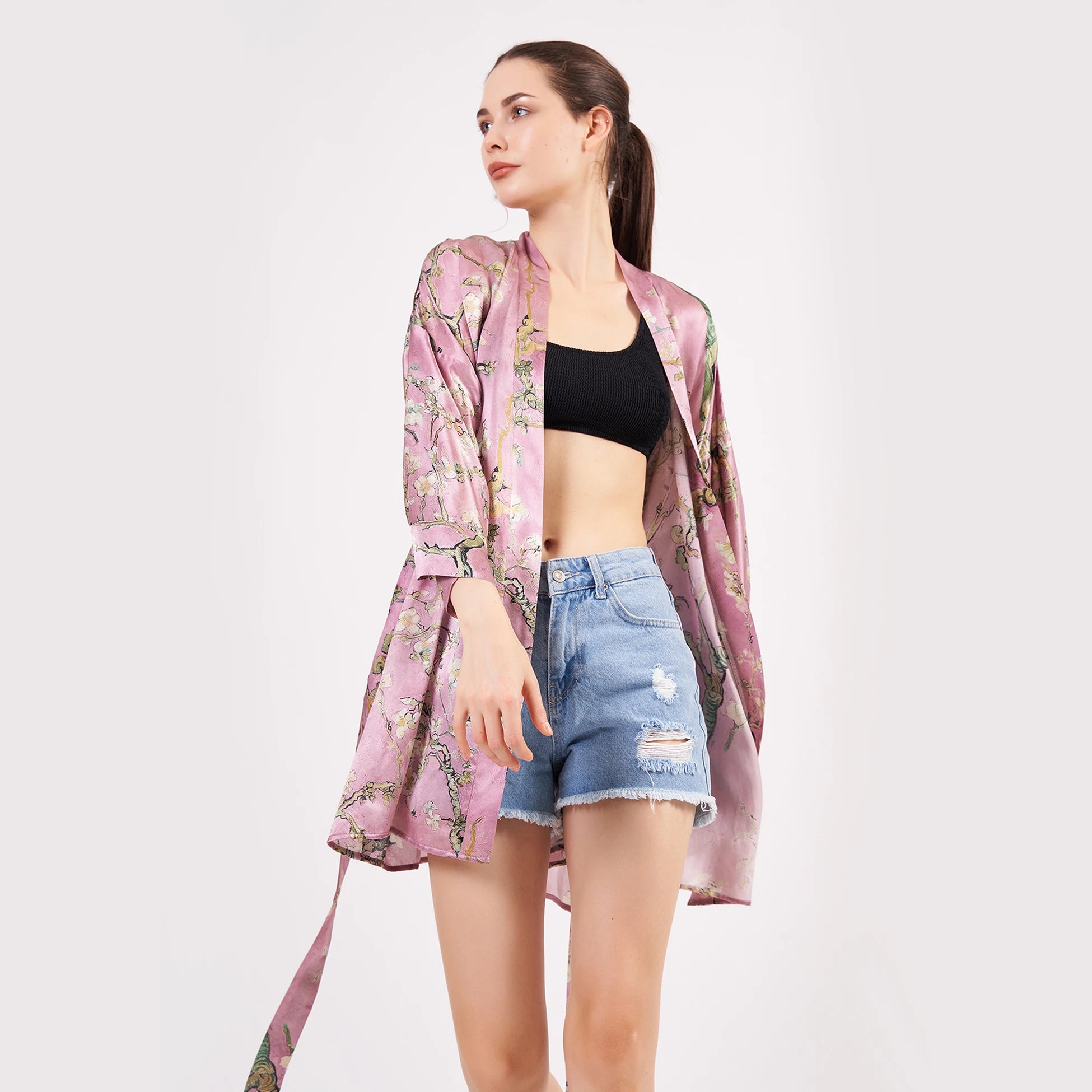Saf İpek Kısa Kimono Kaftan | Van Gogh Badem Ağacı Pembe | Nomads Felt