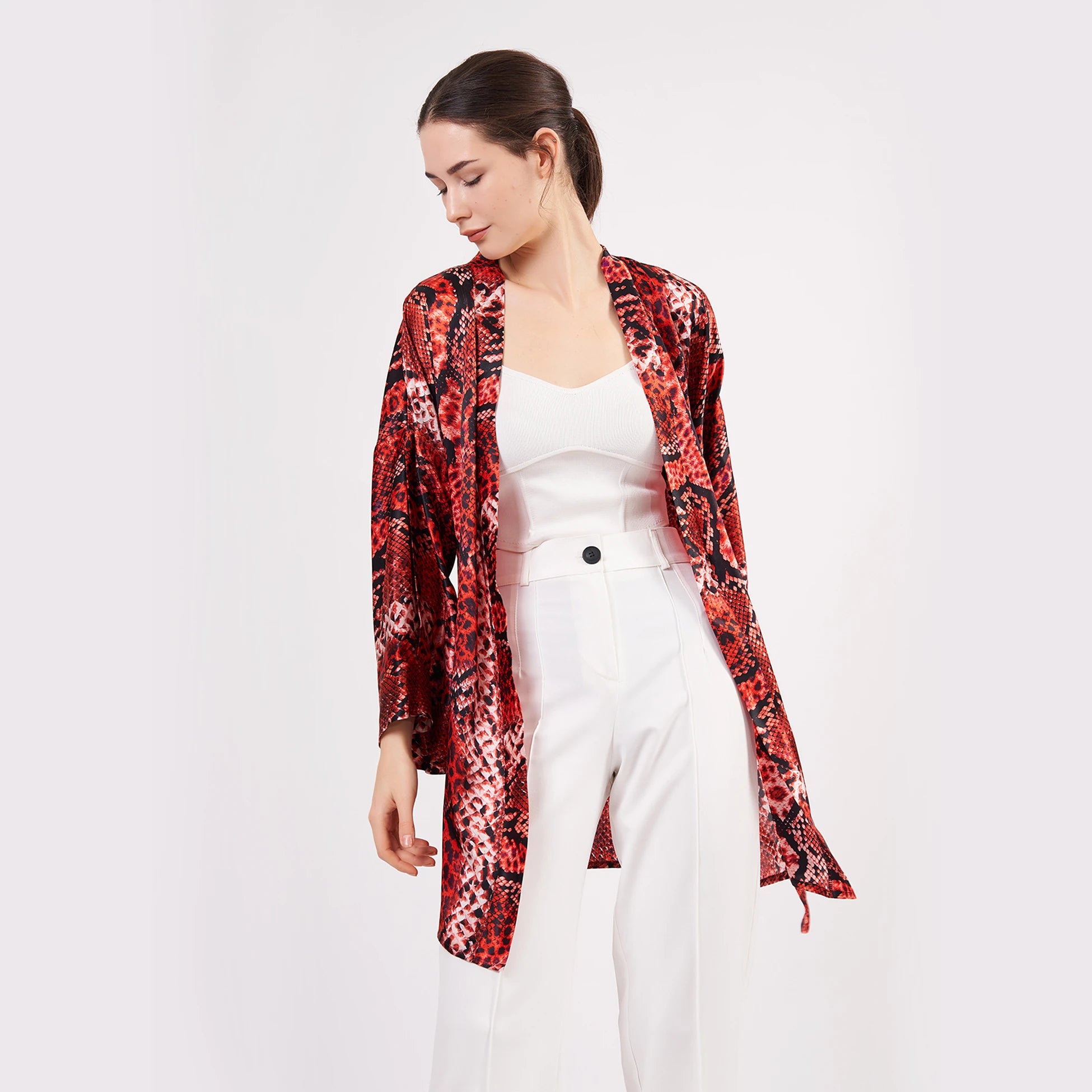 Saf İpek Kısa Kimono Kaftan | Yılan Derisi Desen Kırmızı | Nomads Felt