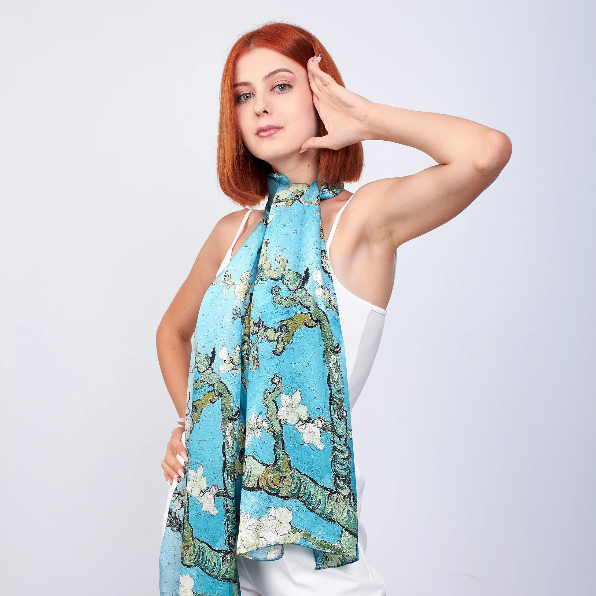 %100 İpek Fular | 55x180 cm | Turkuaz Van Gogh Badem Ağacı | Nomads Felt