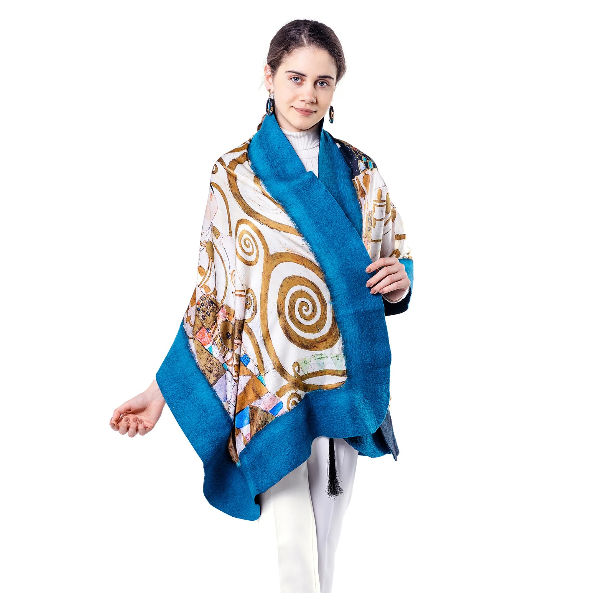 %100 İpek Keçe Şal | Mavi Lacivert Gustav Klimt Expectation | Nomads Felt