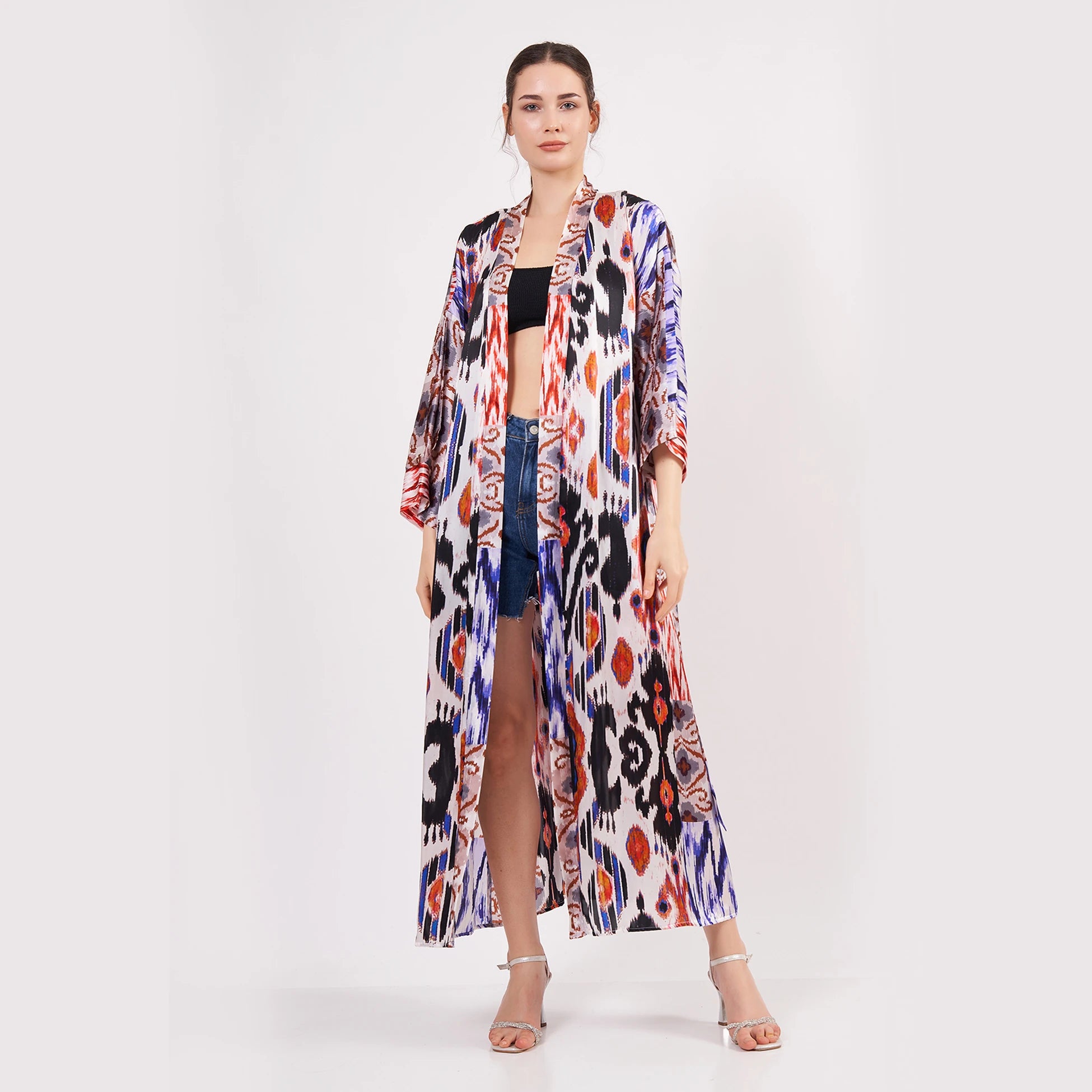 %100 İpek Uzun Kimono Kaftan | Ikat Desen 9 | Nomads Felt