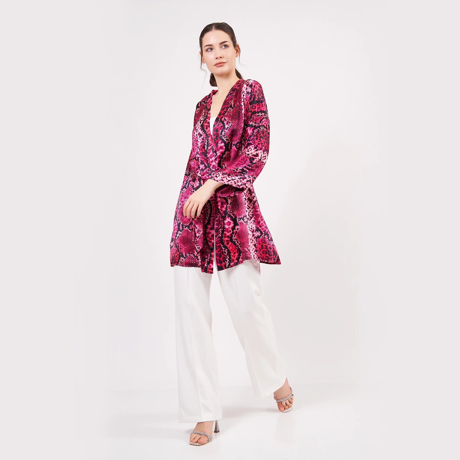 Saf İpek Kısa Kimono Kaftan | Yılan Derisi Desen Fuşya | Nomads Felt