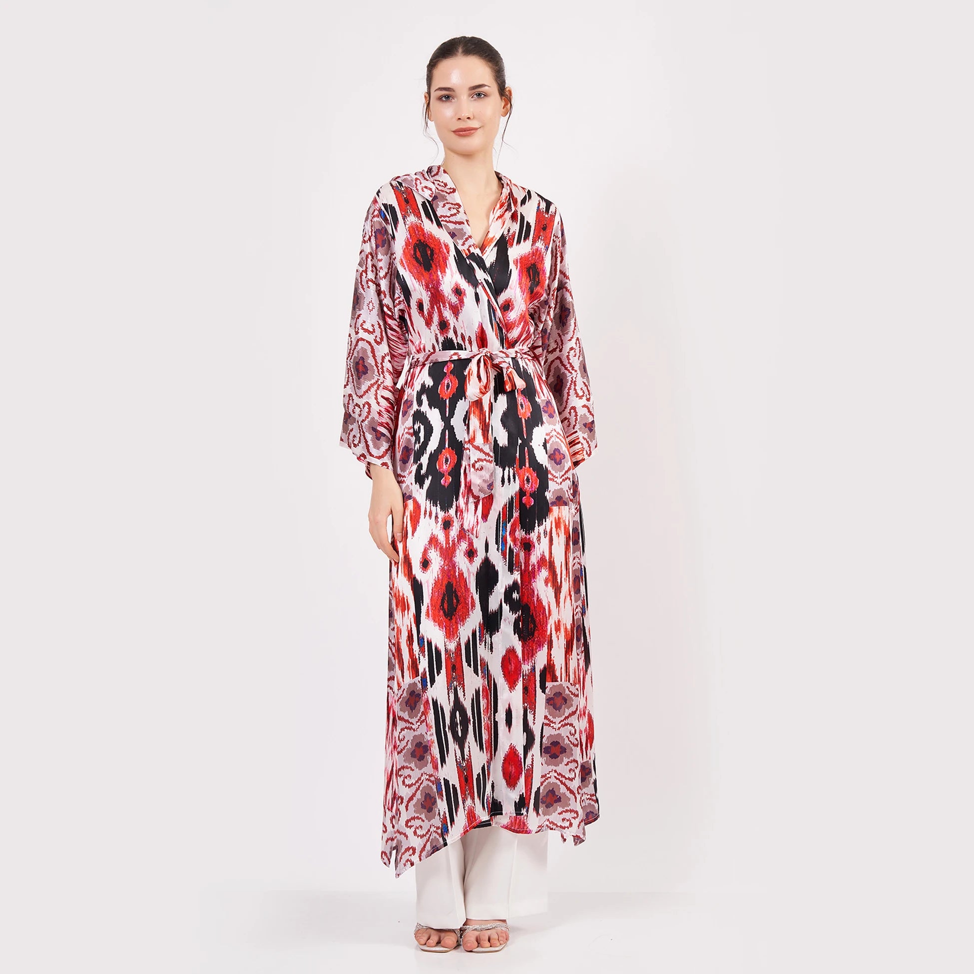 Saf İpek Kapüşonlu Kimono Kaftan İkat Desen 18 | Nomads Felt