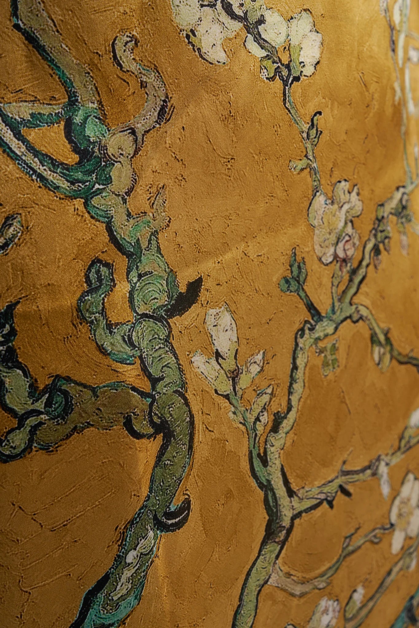 Gold Van Gogh Badem Ağacı Desenli Uzun Kollu İpek Elbise