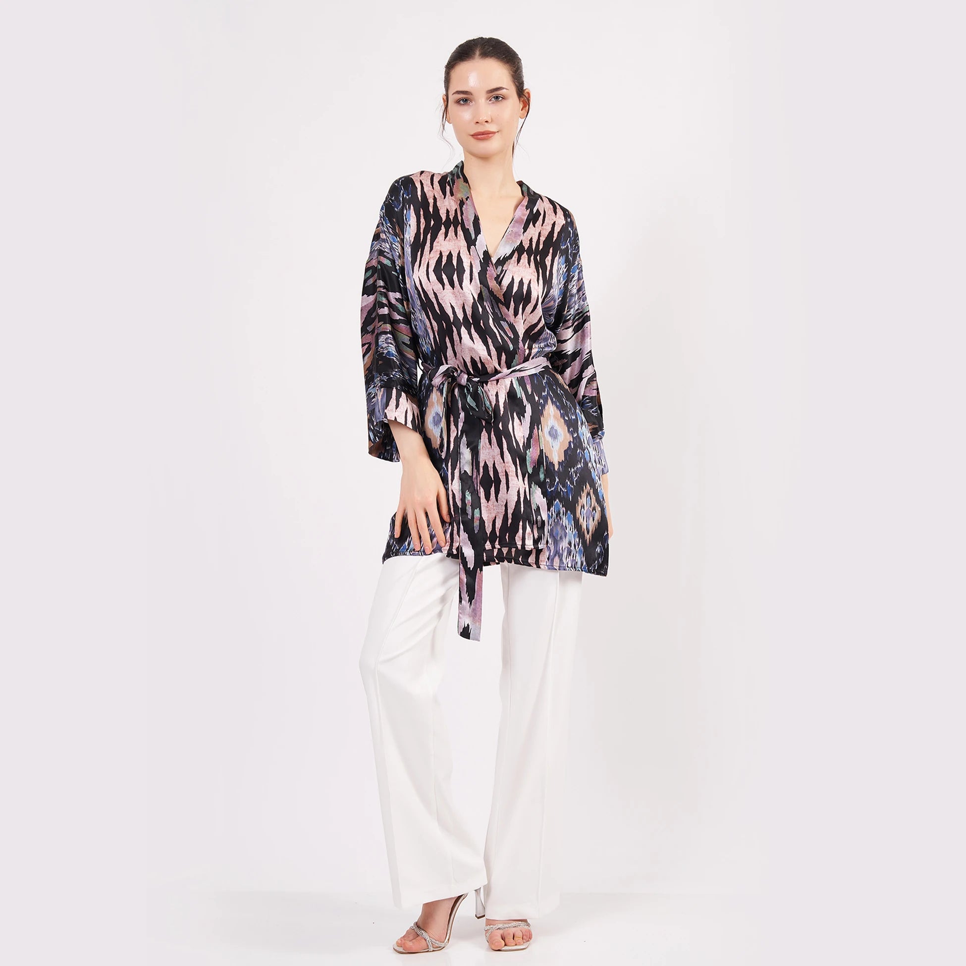 Saf İpek Kısa Kimono Kaftan | Ikat Desen 7 | Nomads Felt
