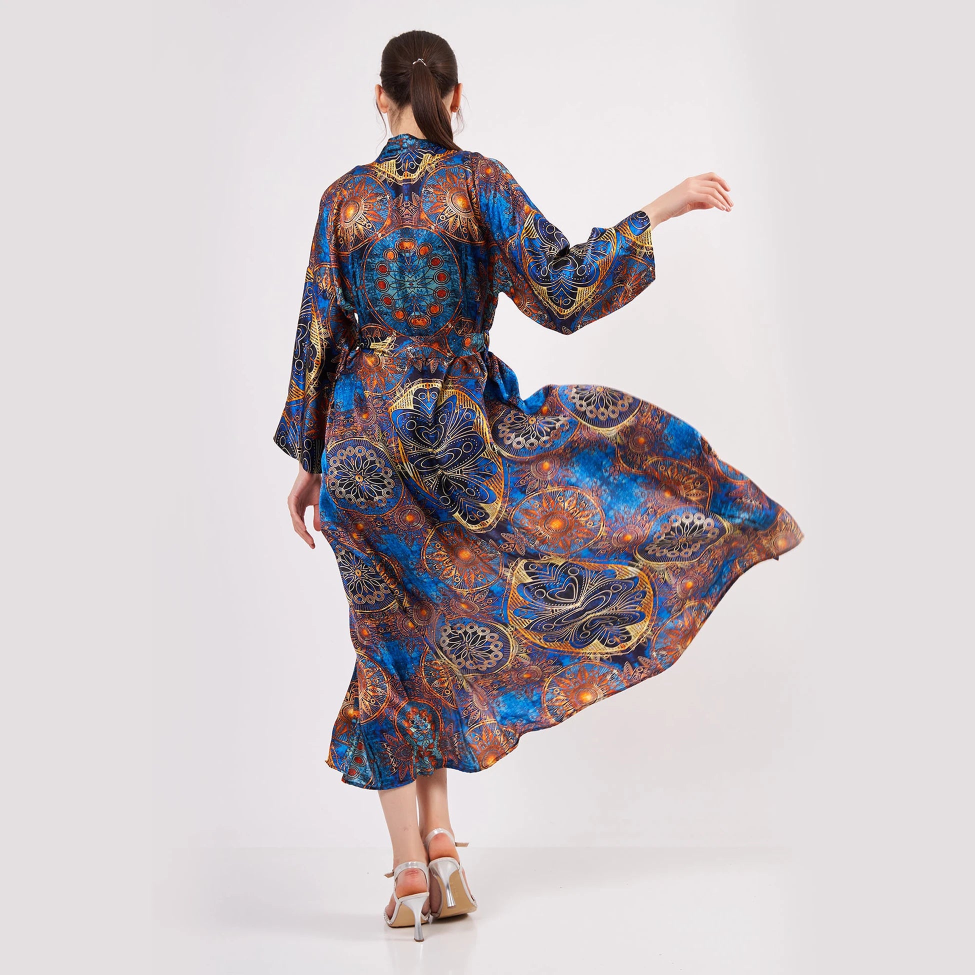 Saf İpek Uzun Kimono Kaftan | Mavi Mandala Desen 1 | Nomads Felt