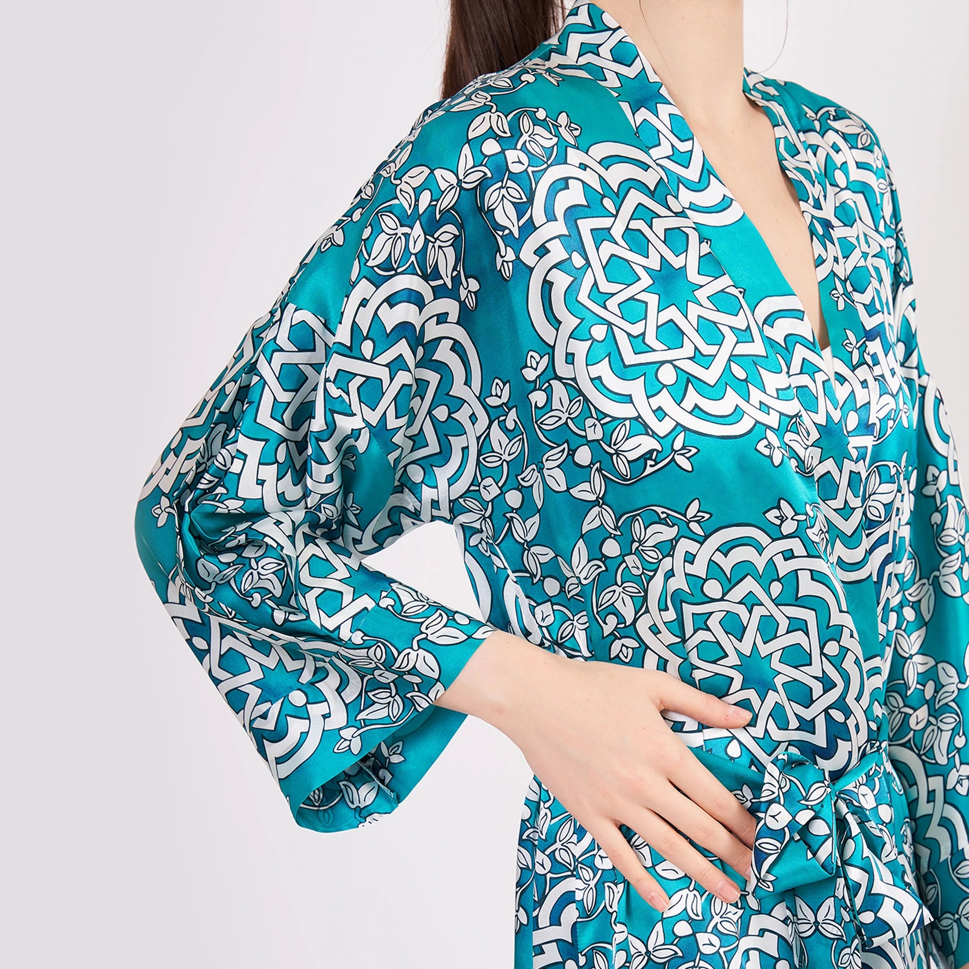 Saf İpek Uzun Kimono Kaftan | Çini Desen Turkuaz | Nomads Felt