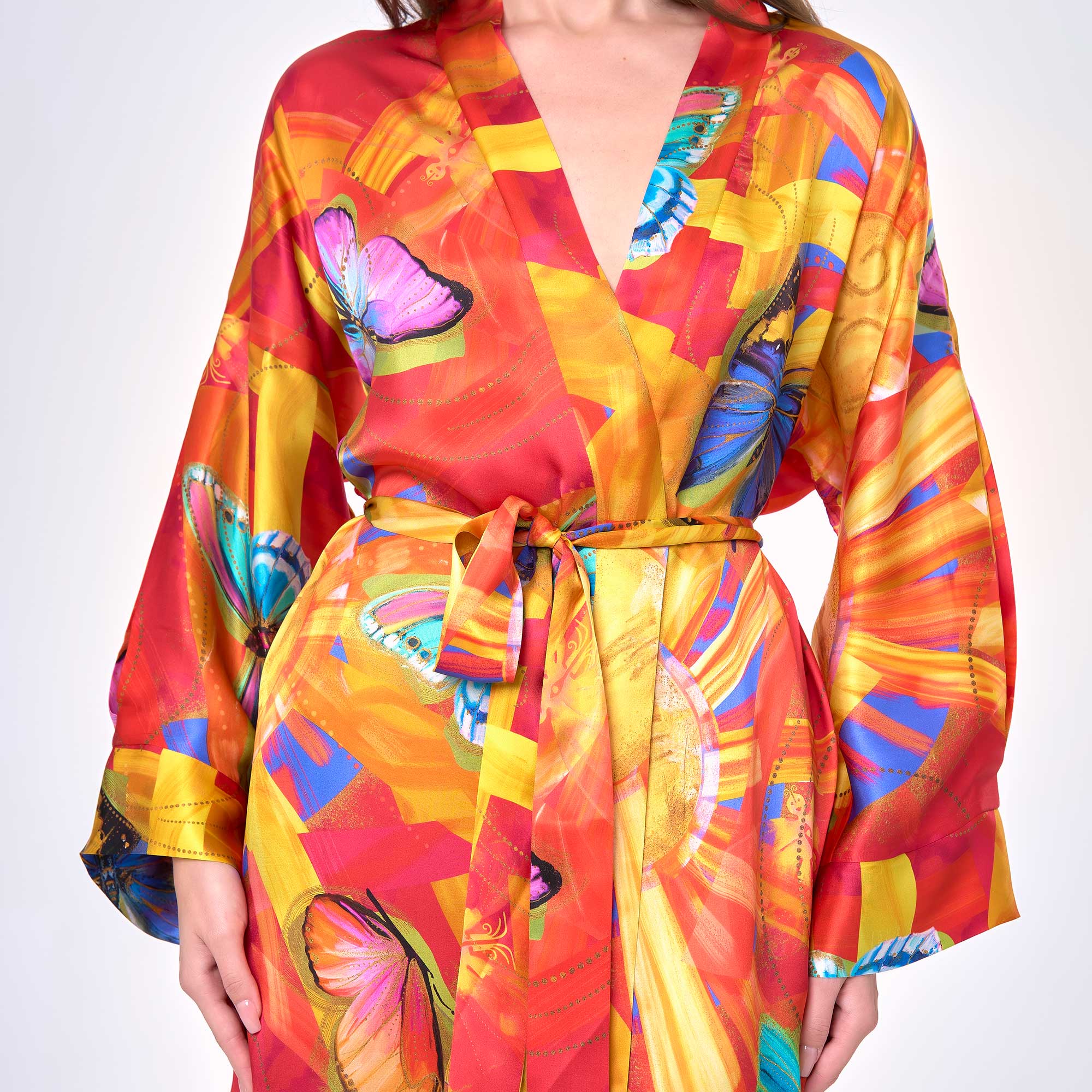 Kelebek Desenli %100 İpek Kimono Kaftan