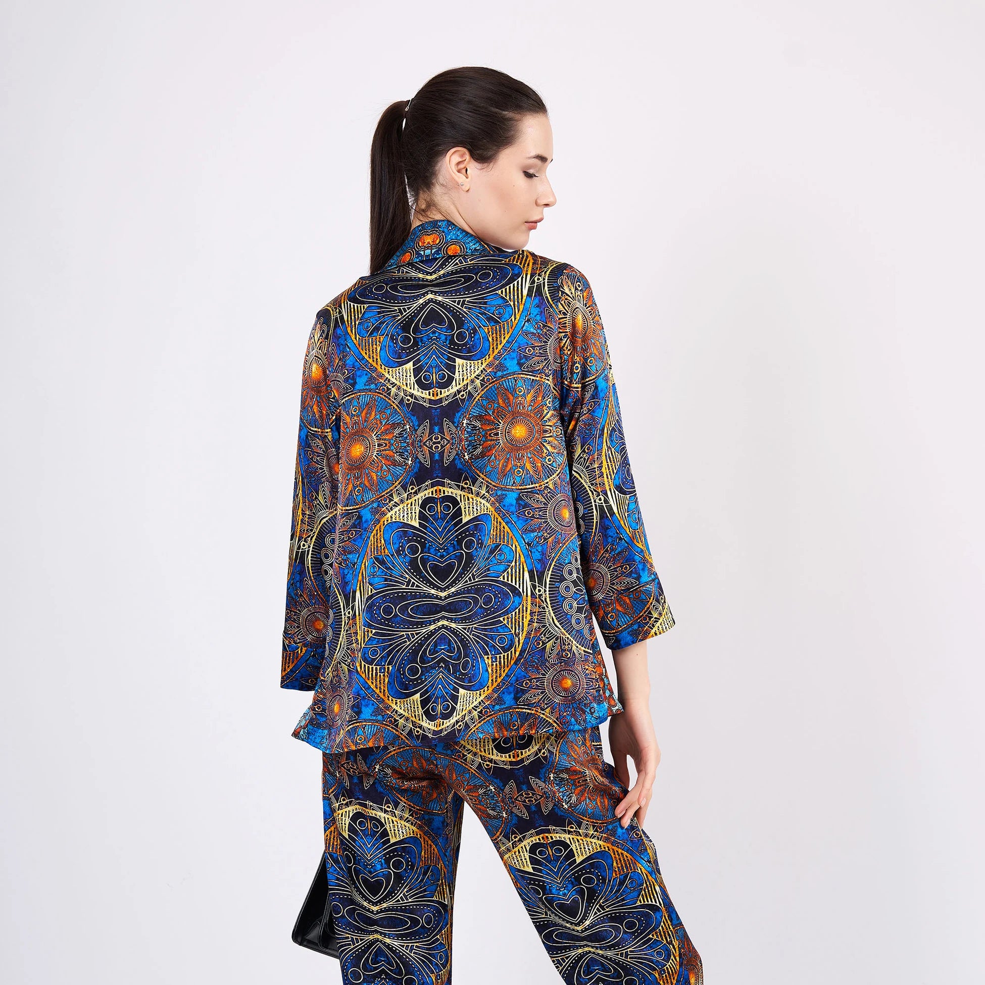 Saf İpek Gömlek-Pantolon-Pijama Takımı | Mandala Desen Mavi | Nomads Felt