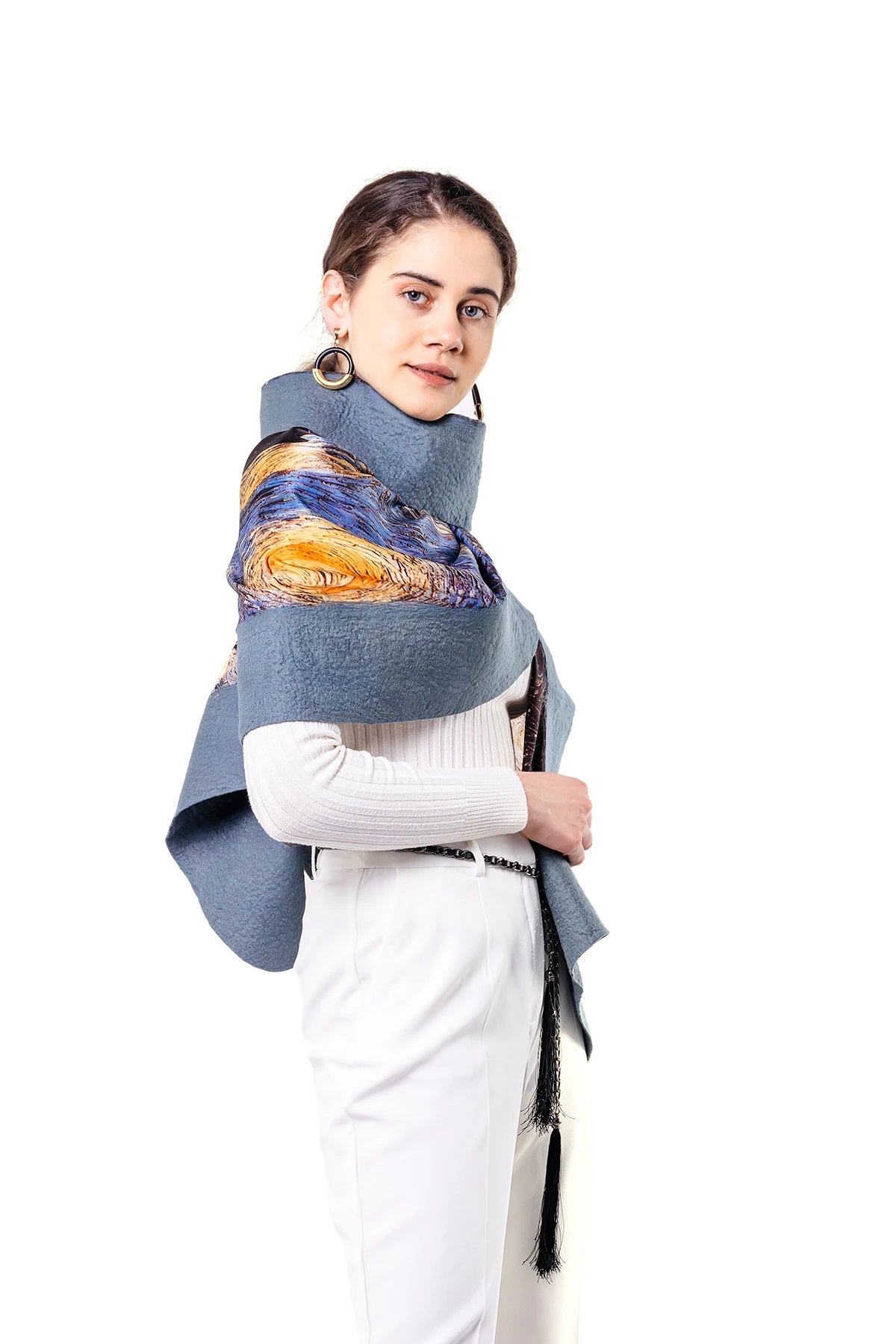İpek Keçe Şal | Gri Van Gogh Starry Night | Nomads Felt