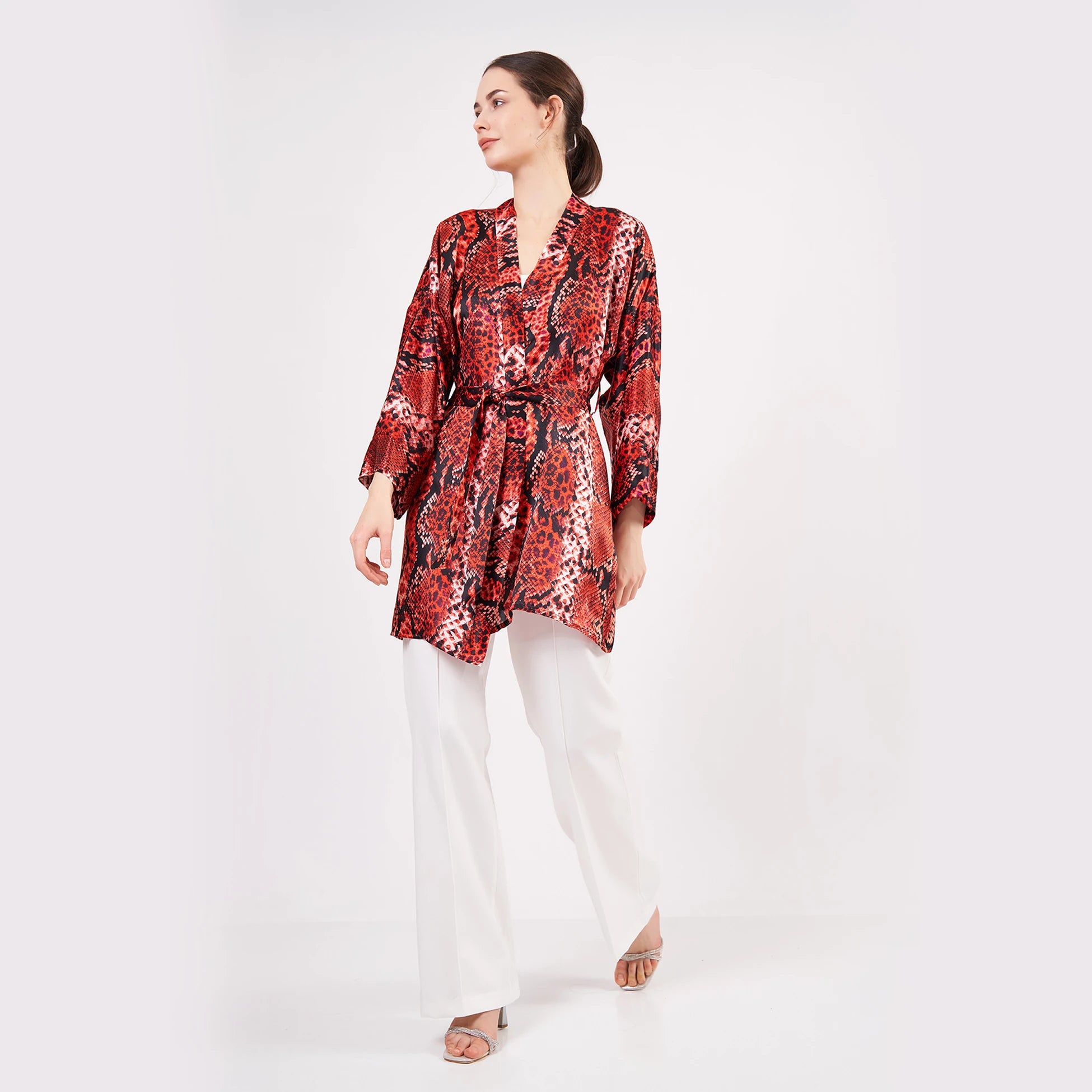 Saf İpek Kısa Kimono Kaftan | Yılan Derisi Desen Kırmızı | Nomads Felt