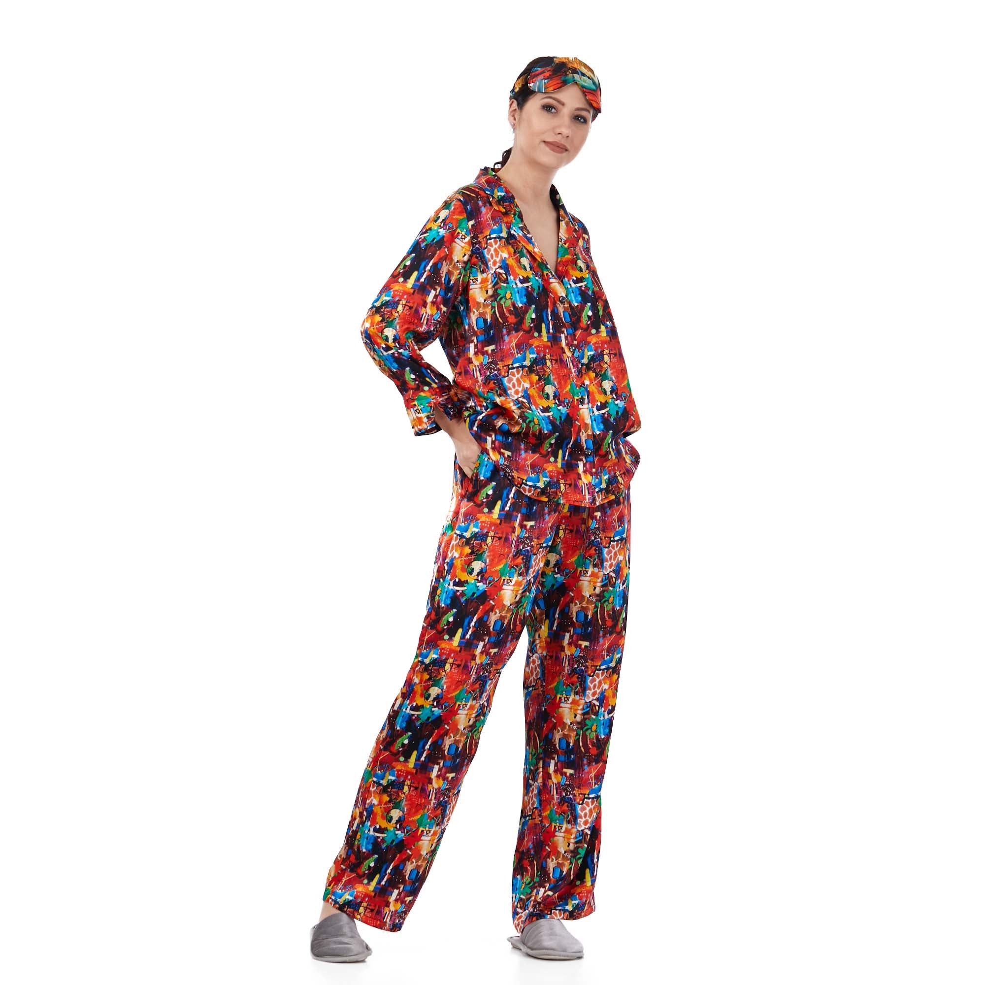 İpek Gömlek Pantolon-Pijama Takımı | Abstract Desen 9 | Nomads Felt