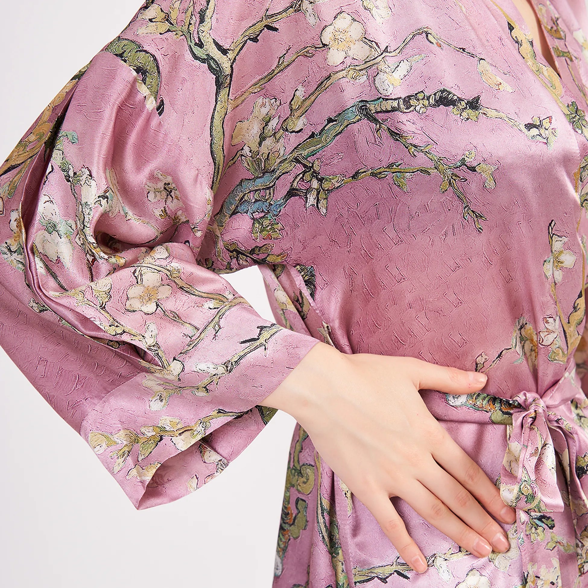 Saf İpek Kısa Kimono Kaftan | Van Gogh Badem Ağacı Pembe | Nomads Felt