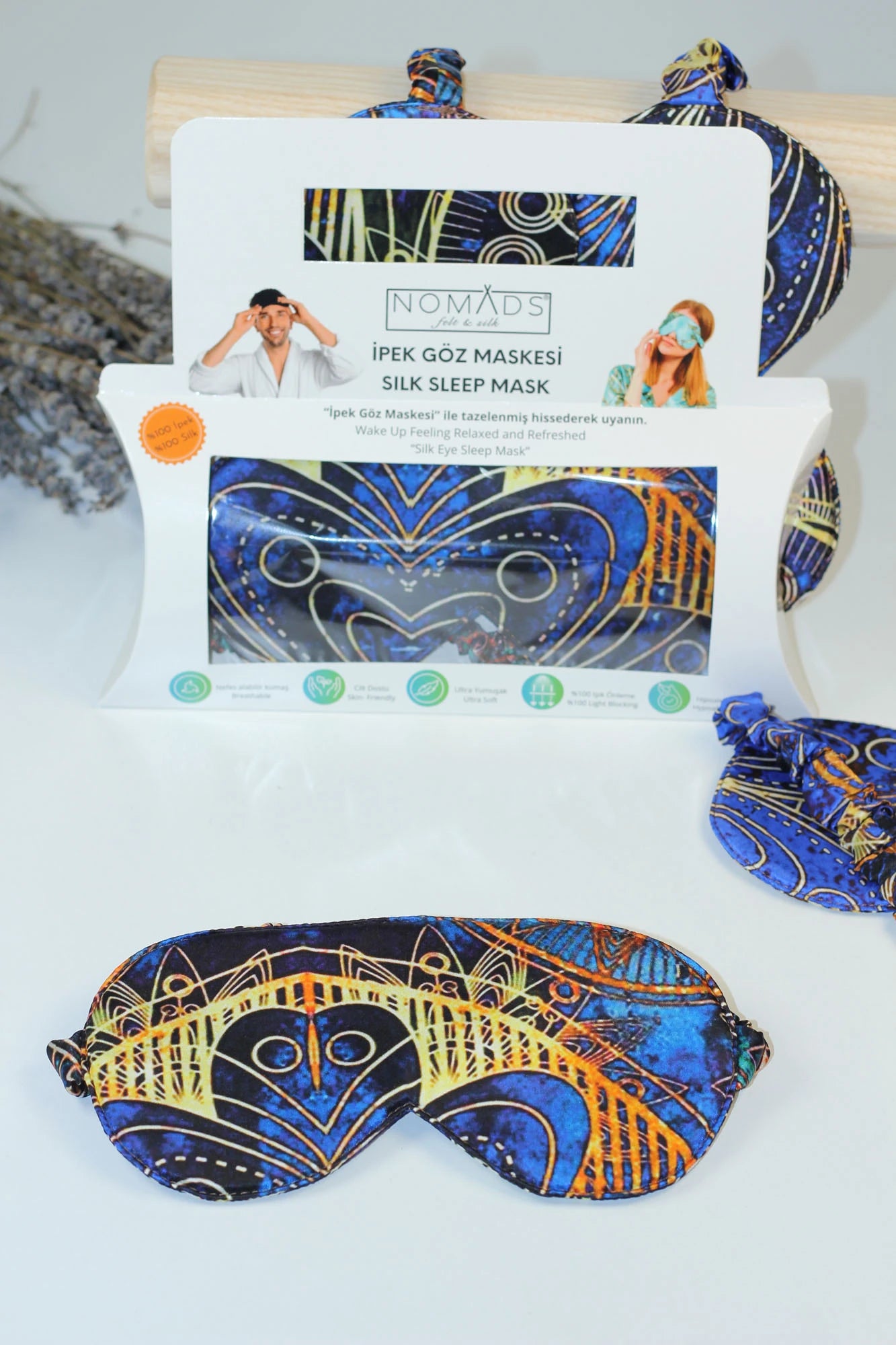 Saks Mavi Mandala Desenli %100 İpek Göz Bandı Uyku Maskesi