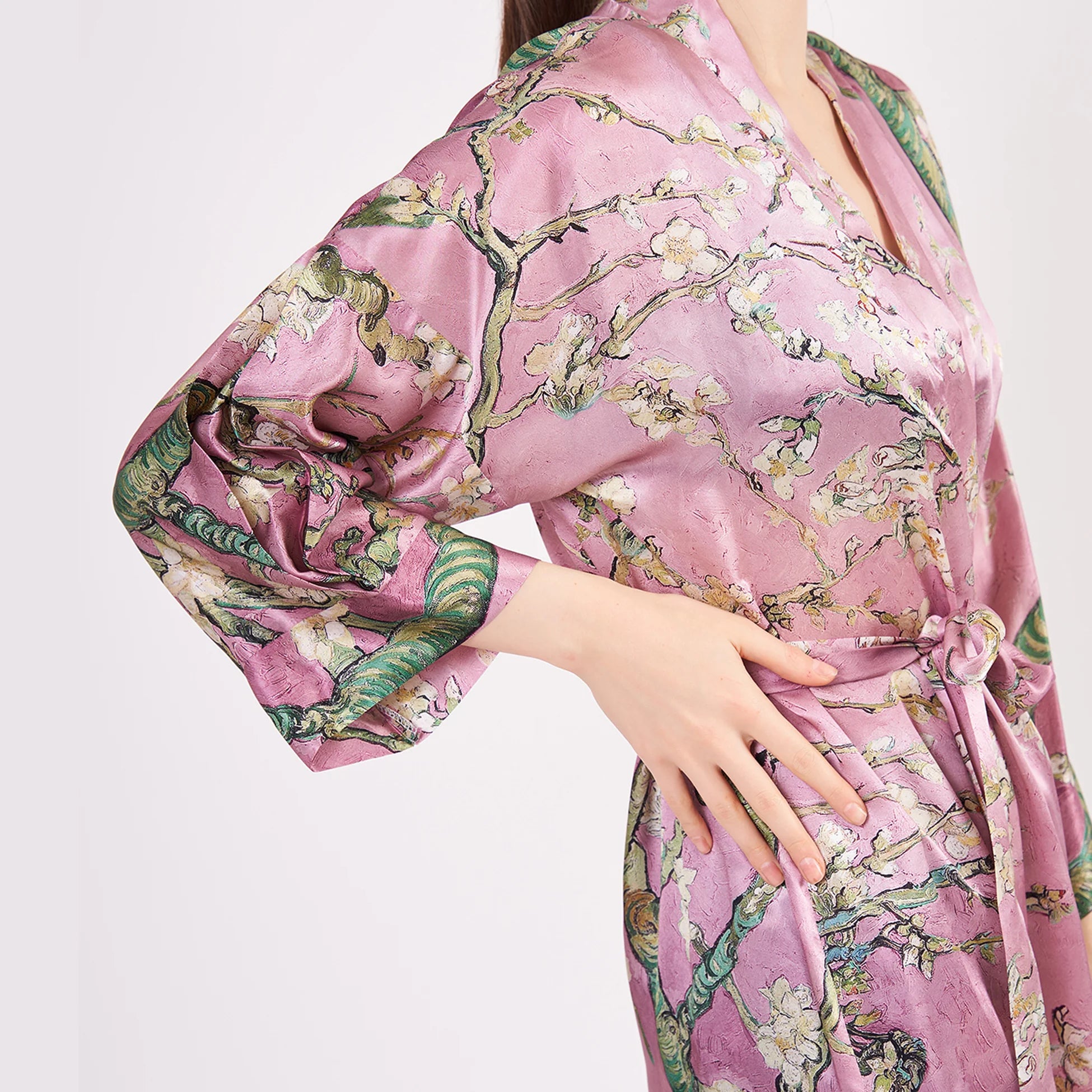 100% İpek Uzun Kimono Kaftan | Pembe | Van Gogh Badem Ağacı | Nomads Felt