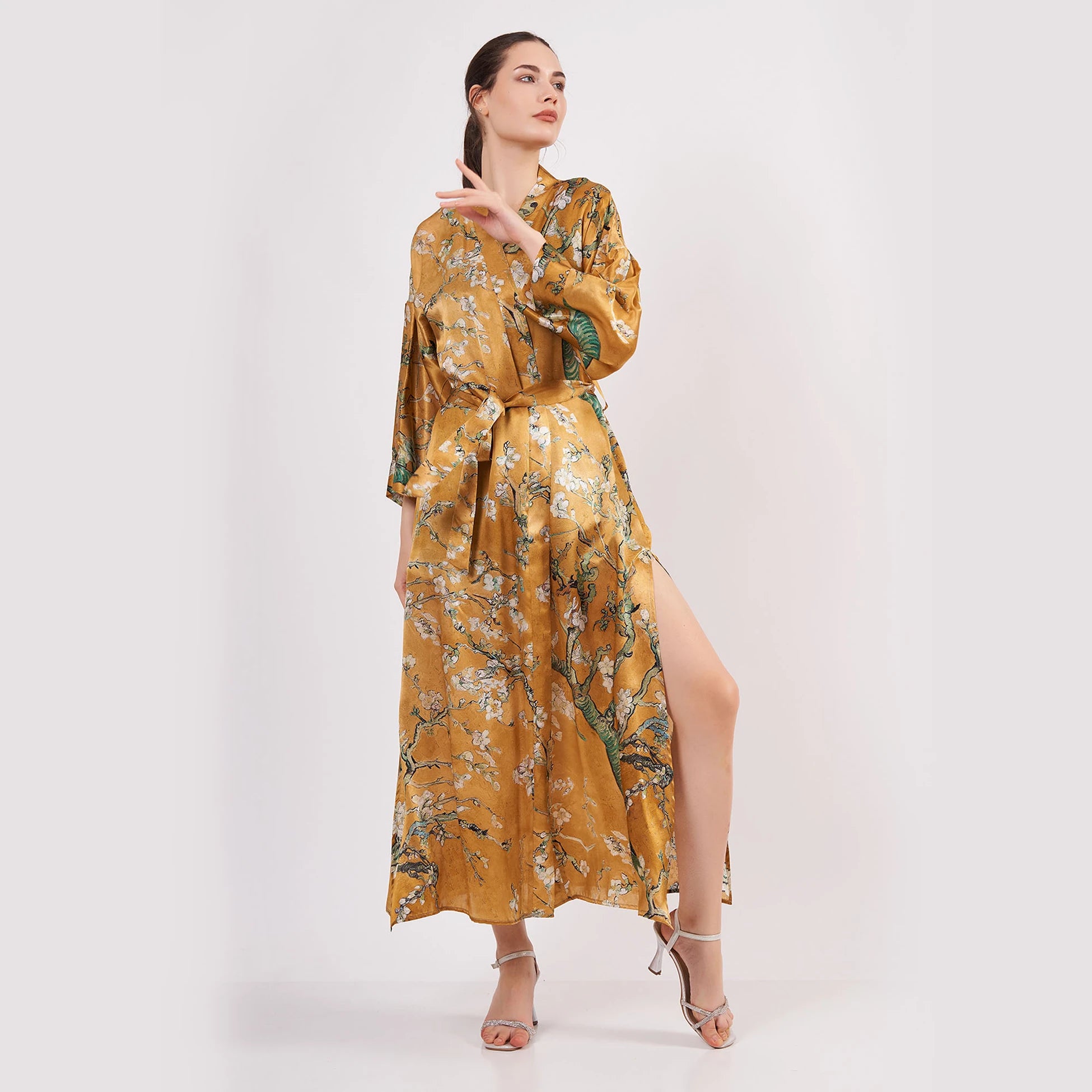 %100 İpek Kimono Kaftan | Gold | Van Gogh Badem Ağacı | Nomads Felt
