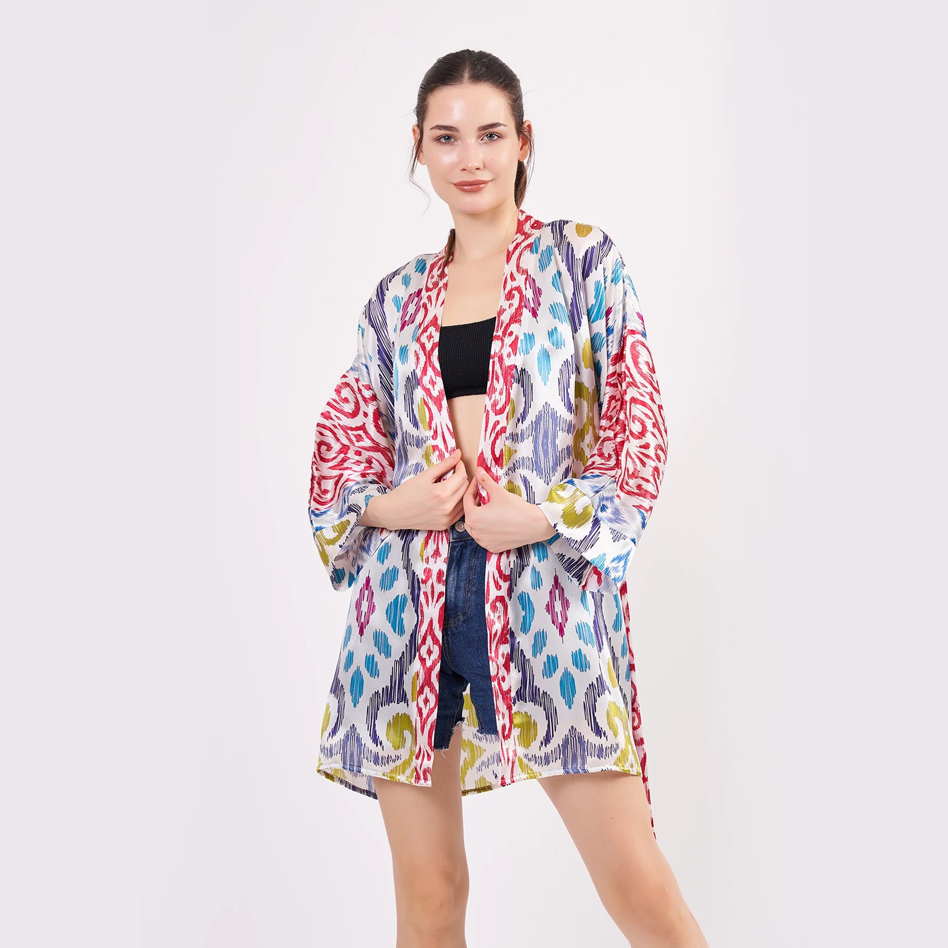 Saf İpek Kısa Kimono Kaftan | Ikat Desen 2 | Nomads Felt