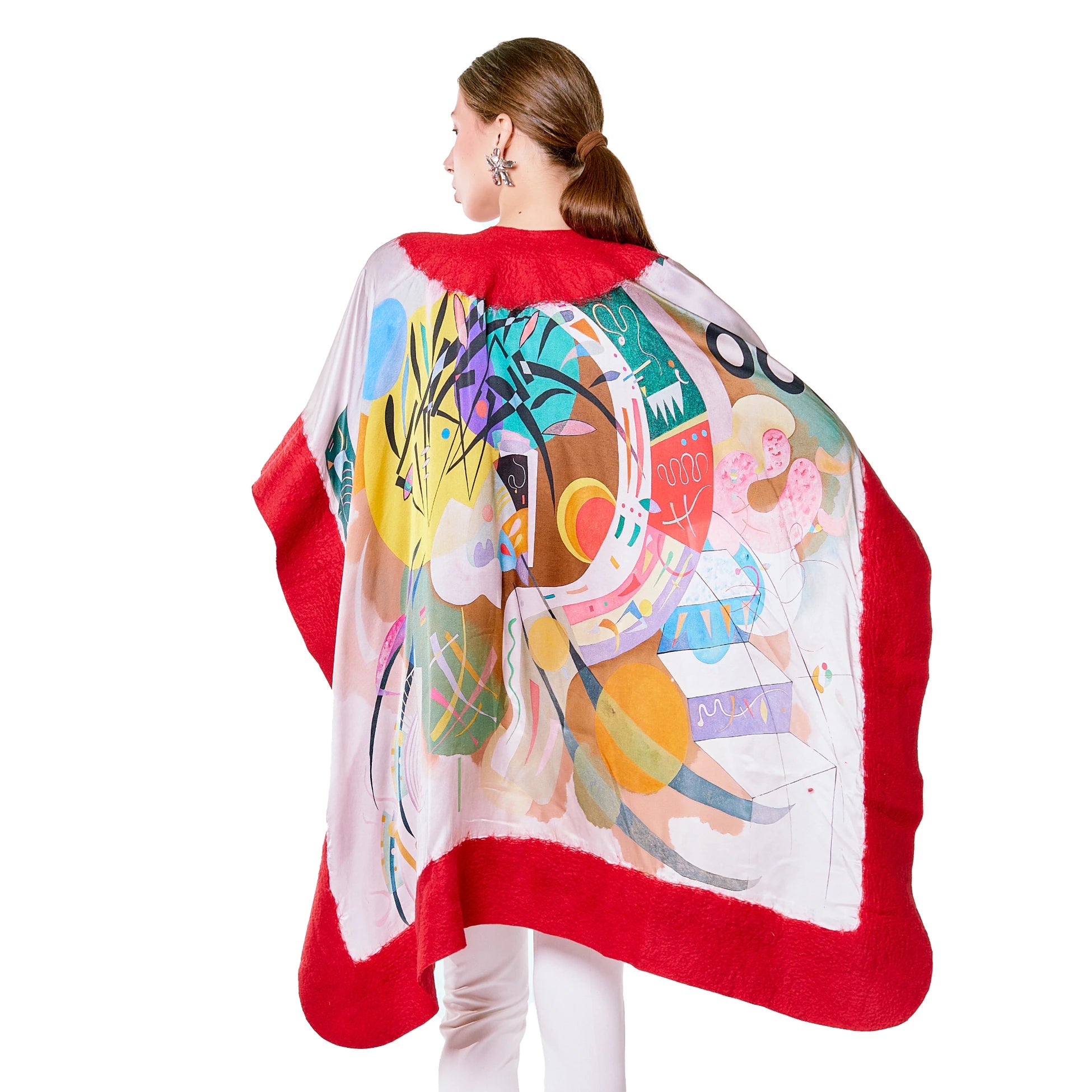 İpek Keçe Panço | Kırmızı Kandinsky Dominant Curve | Nomads Felt