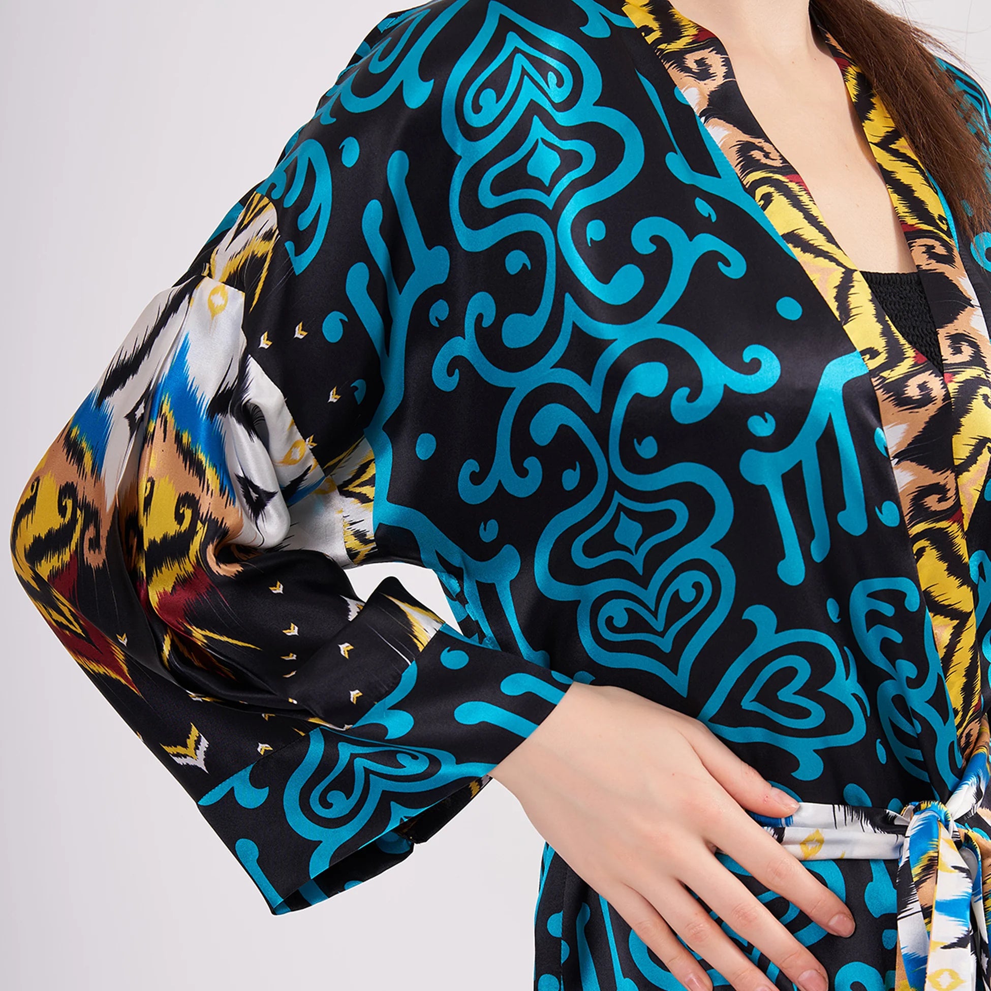 Saf İpek Kısa Kimono Kaftan | Ikat Desen 3 Turkuaz | Nomads Felt