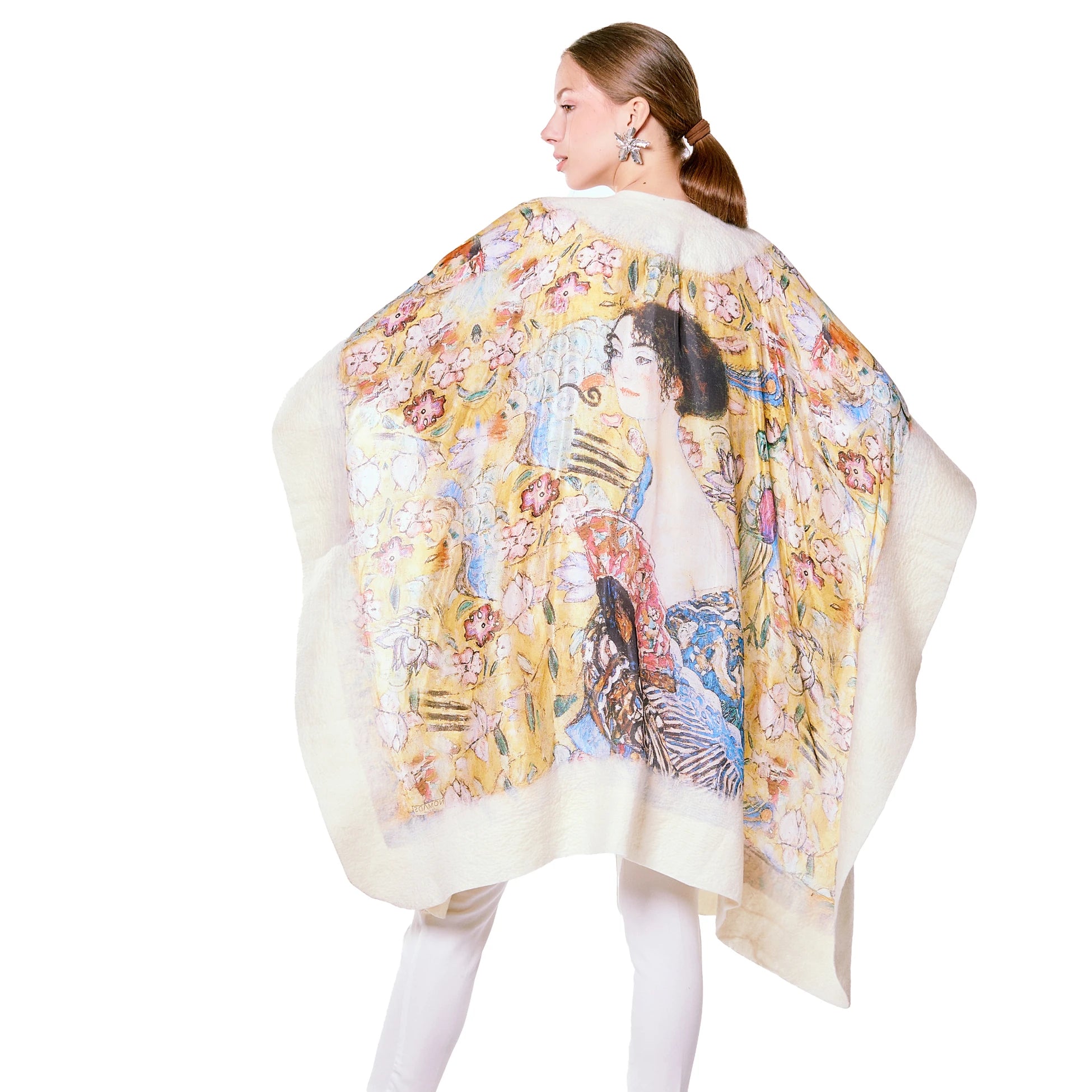 İpek-Keçe Panço | Beyaz Gustav Klimt Lady with Fan | Nomads Felt