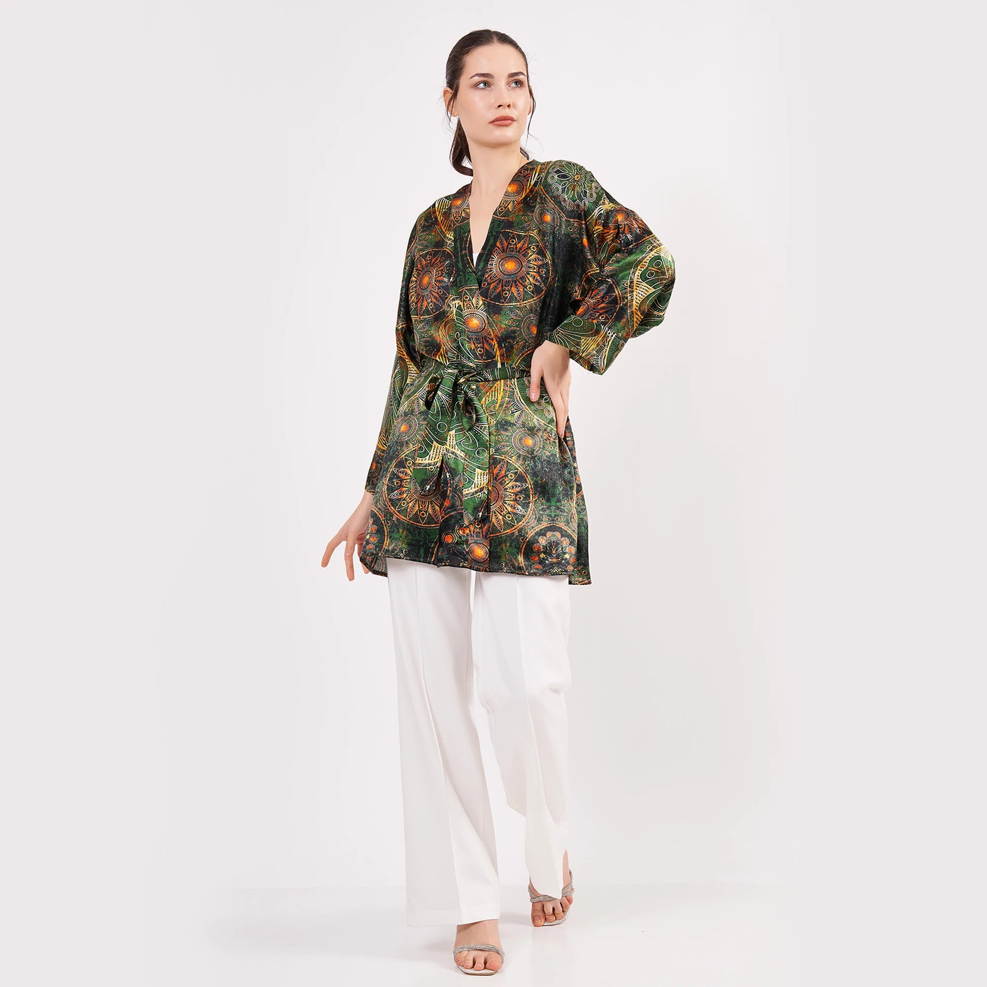 Saf İpek Kısa Kimono Kaftan | Mandala Desen 5 Haki | Nomads Felt