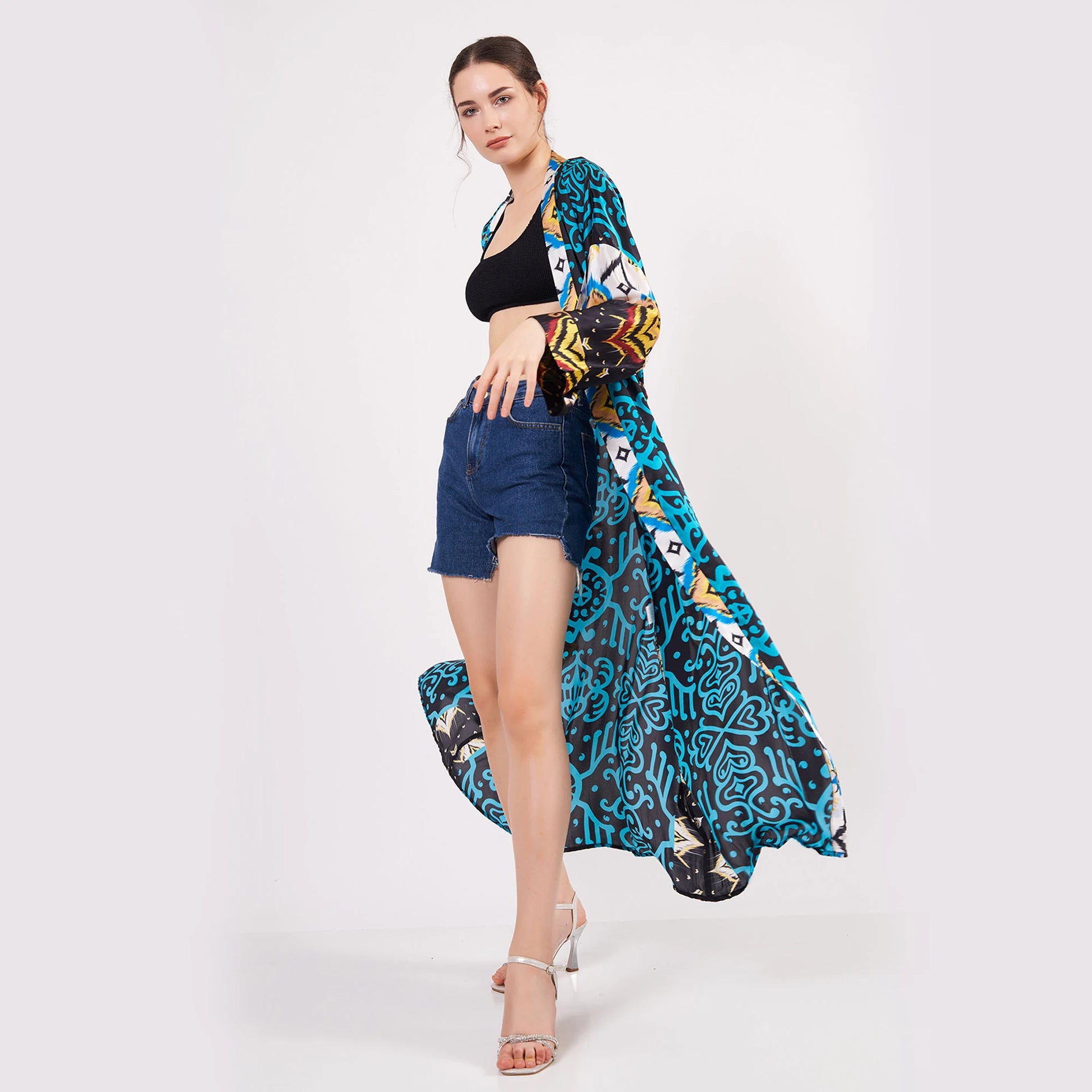%100 İpek Uzun Kimono Kaftan | İkat Desen Turkuaz | Nomads Felt