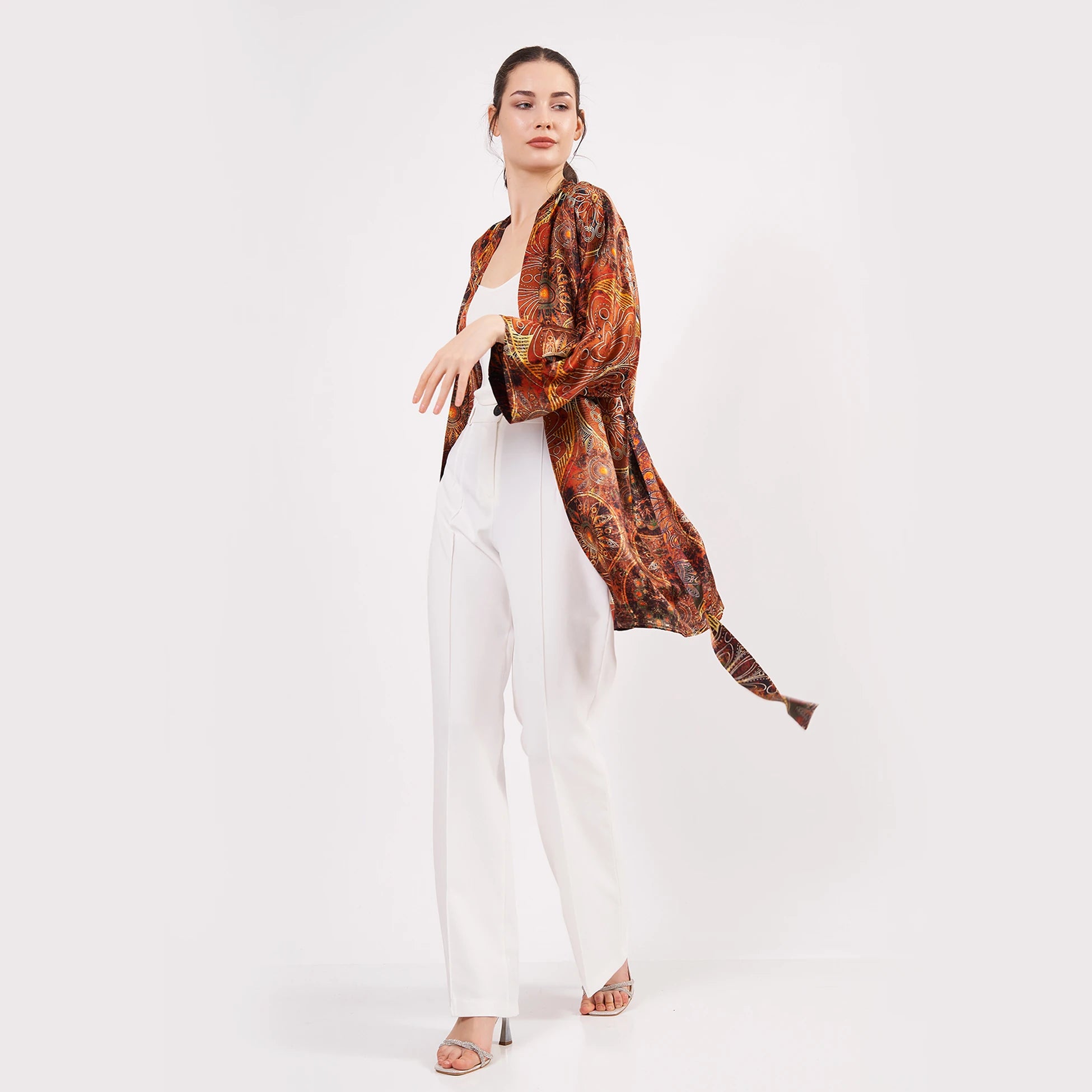 Saf İpek Kısa Kimono Kaftan | Mandala Desen 6 Kahverengi | Nomads Felt