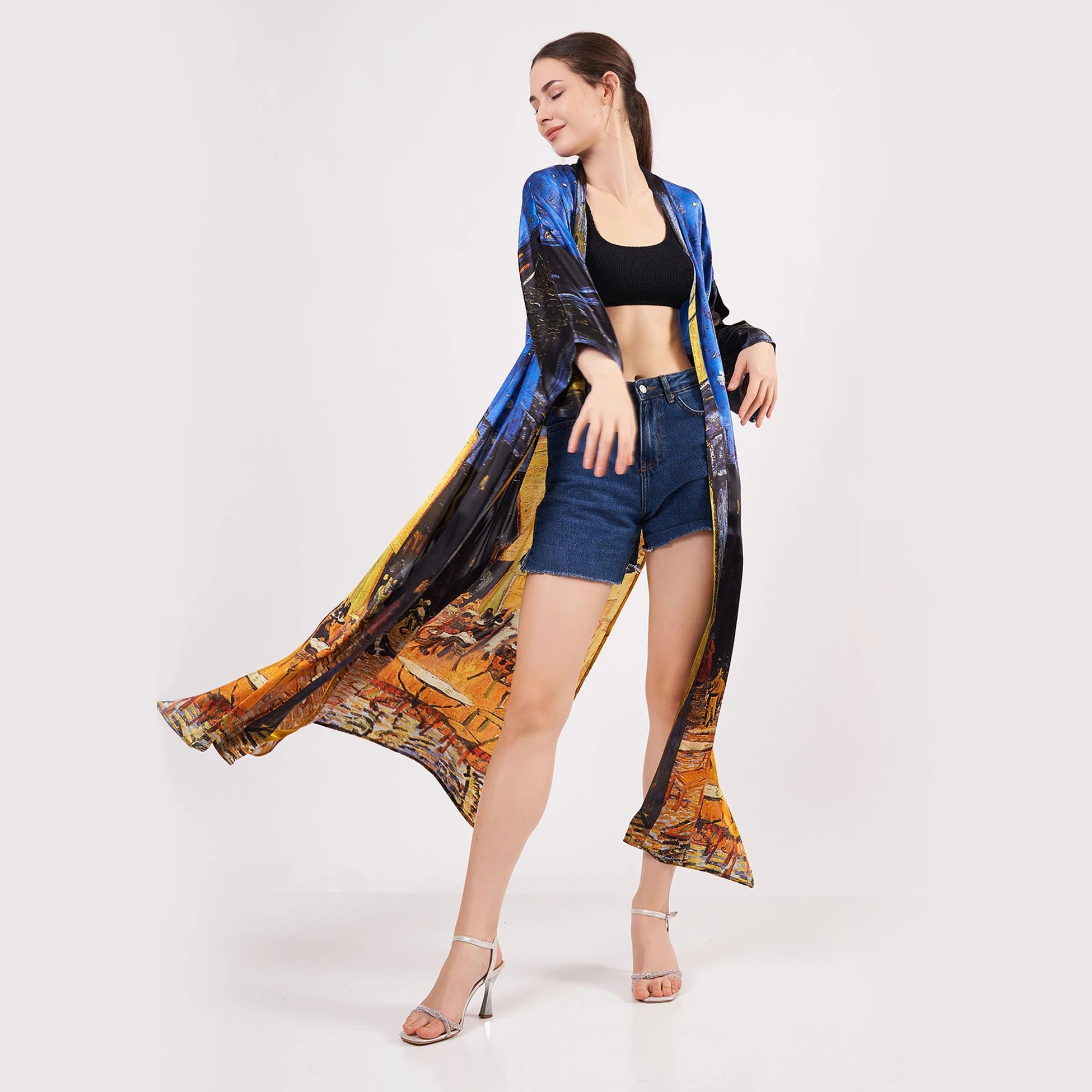 %100 İpek Uzun Kimono | Van Gogh Cafe Terrace at Night | Nomads Felt