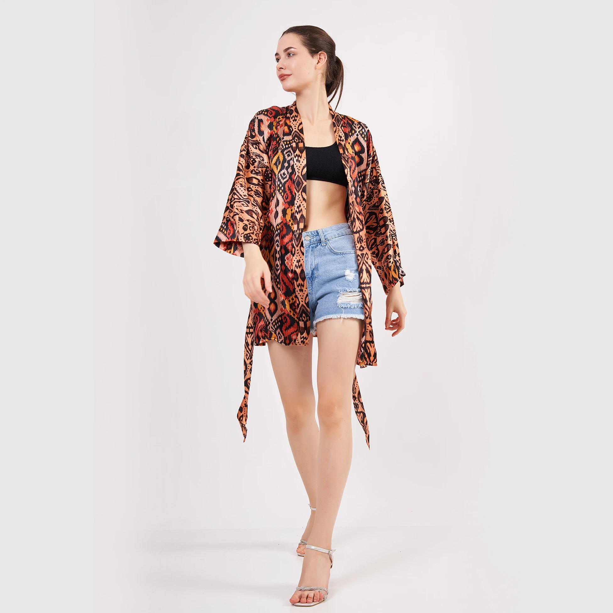 Saf İpek Kısa Kimono Kaftan | Ikat Desen 4 | Nomads Felt