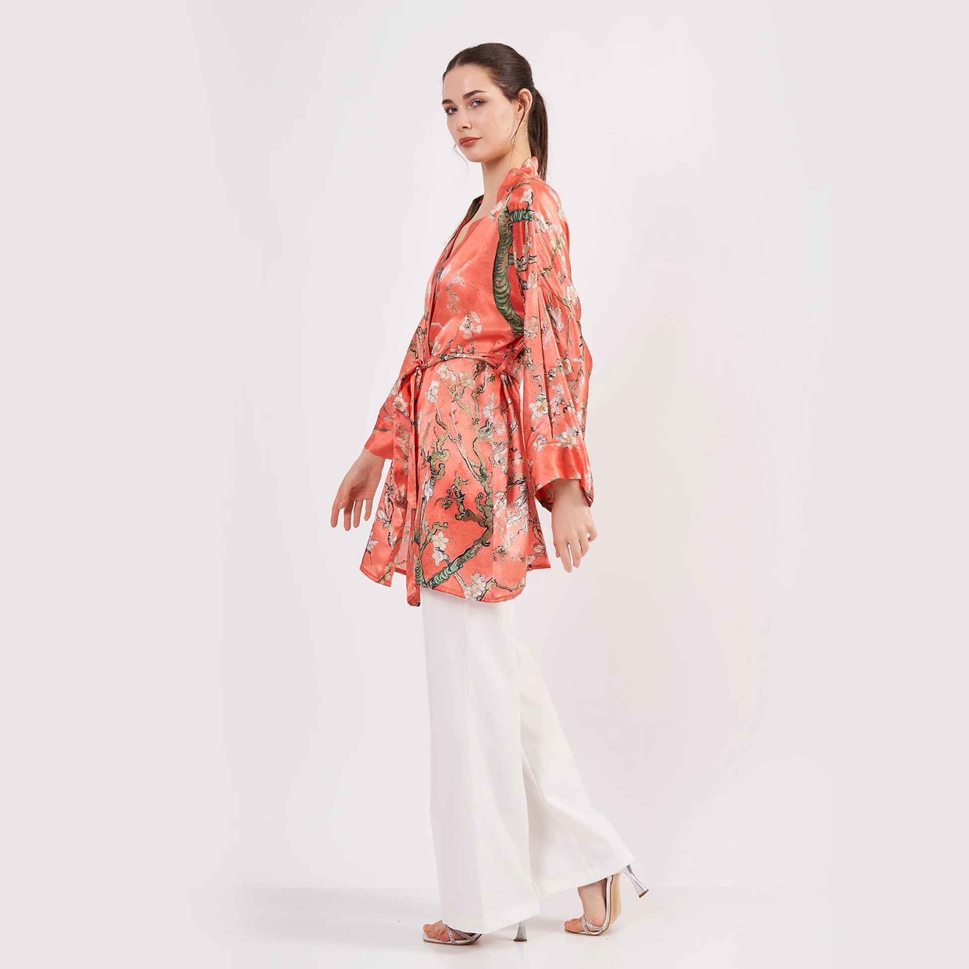 Saf İpek Kısa Kimono Kaftan | Van Gogh Badem Ağacı Nar Çiçeği | Nomads Felt