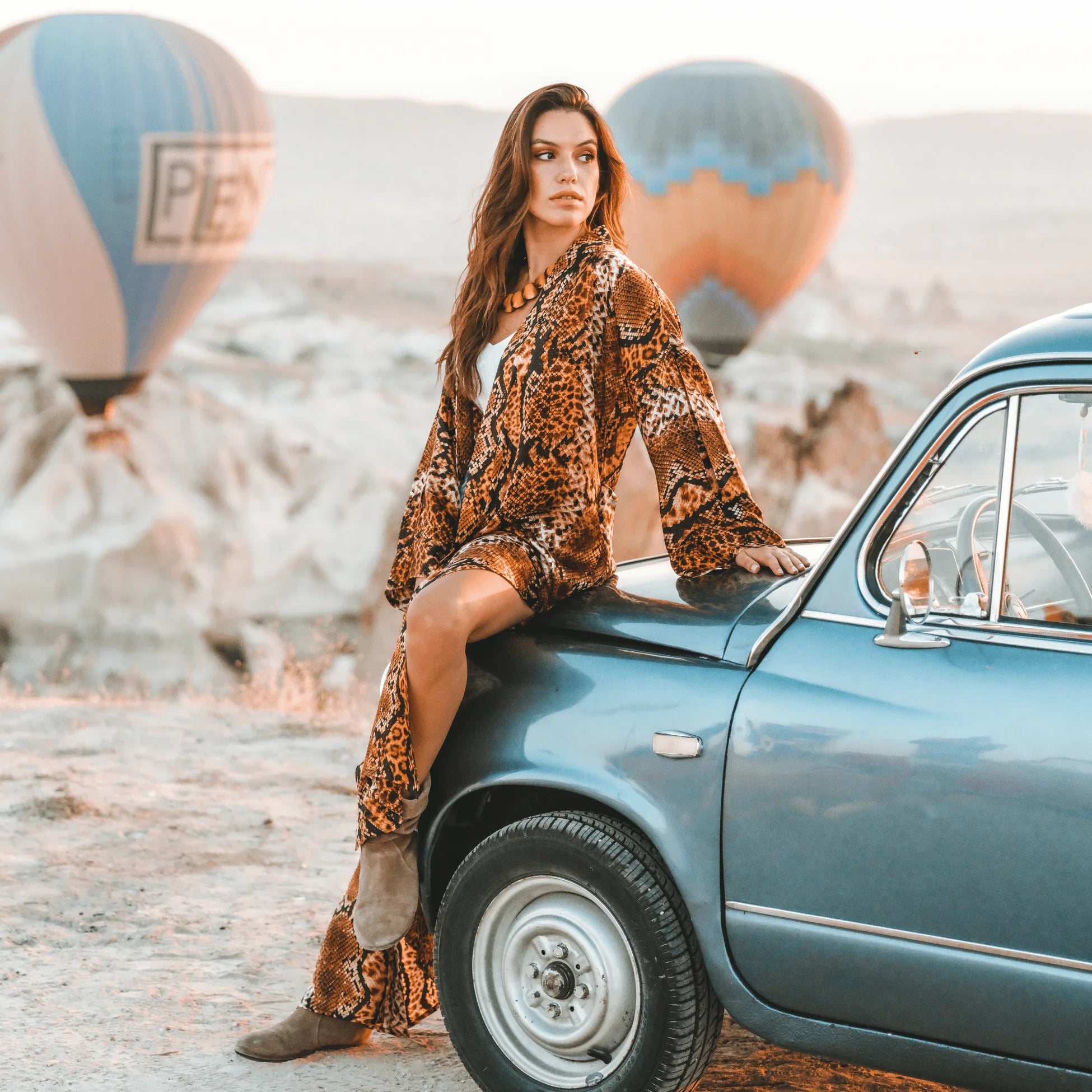 Yılan Derisi Desen %100 İpek Kimono | Kahverengi