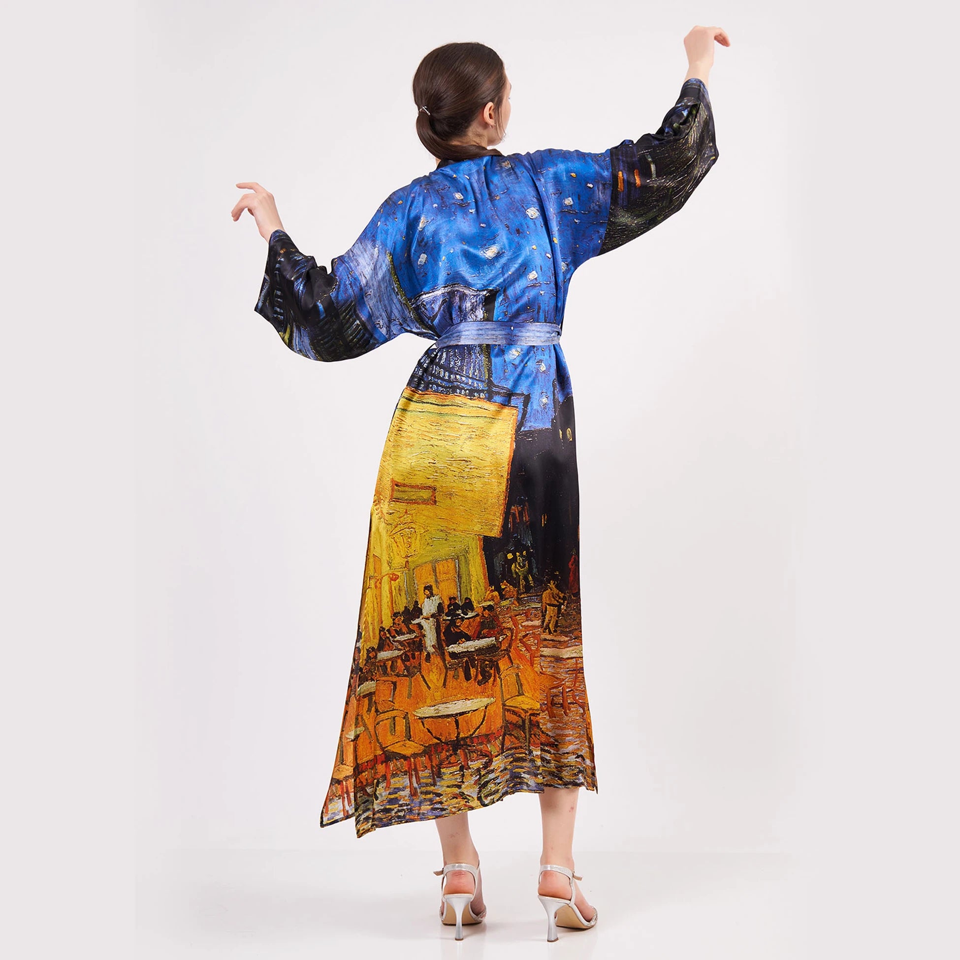 %100 İpek Uzun Kimono | Van Gogh Cafe Terrace at Night | Nomads Felt