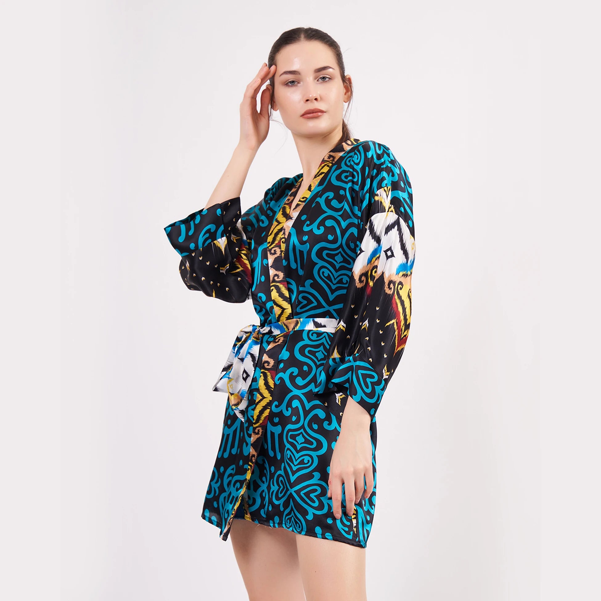 Saf İpek Kısa Kimono Kaftan | Ikat Desen 3 Turkuaz | Nomads Felt