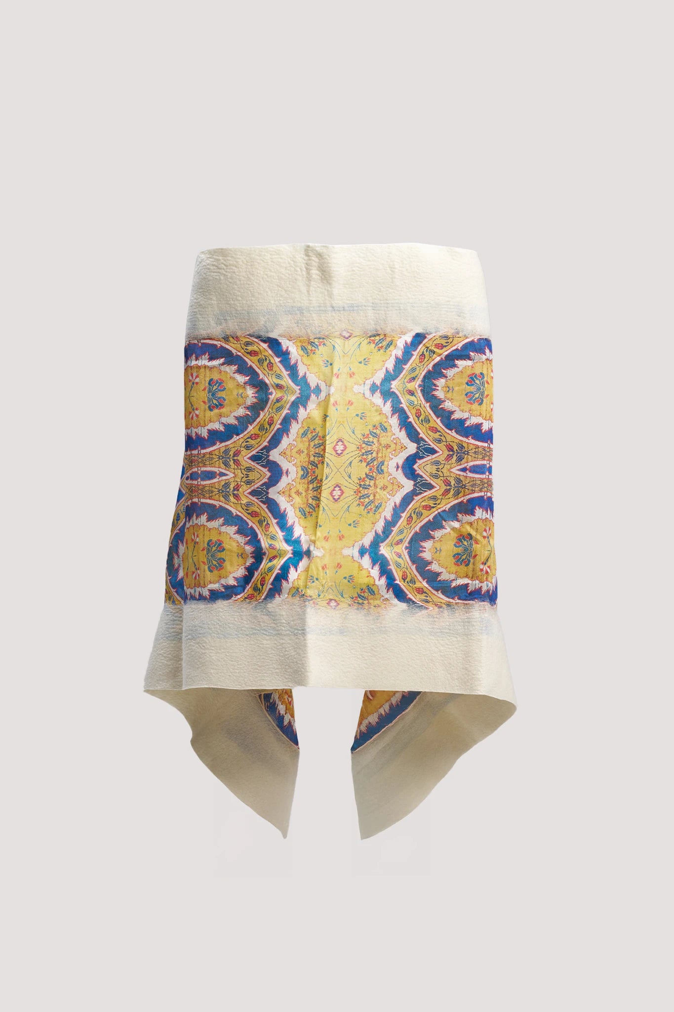 Sarı Lacivert Osmanlı Motif Desenli İpek Keçe Şal
